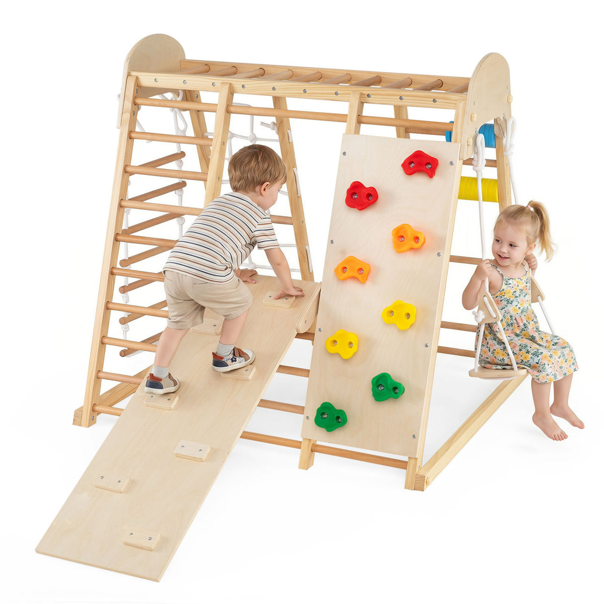 Aire de jeux intérieure pliable 8-en-1 pour enfants avec balançoire et échelle horizontale-Coloré