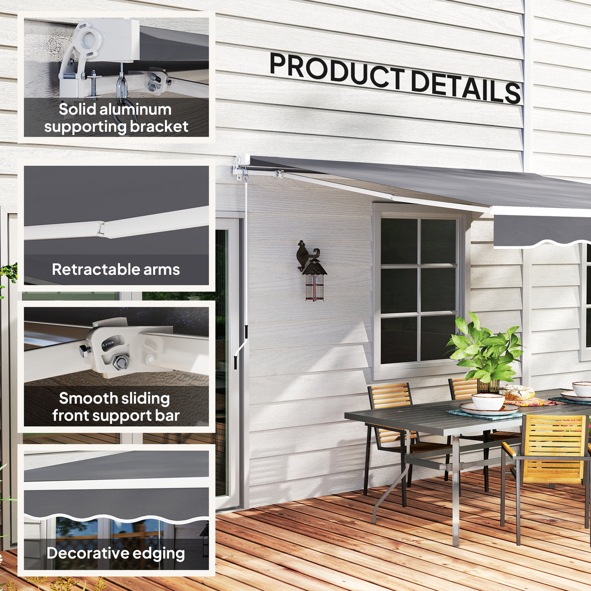 8'æxæ7'æRetractableæAwning,æPatioæAwnings,æSunshadeæShelteræwith 280 g/m_ UV & Water-Resistant Fabric, Dark Grey-Patio Awnings-DECOROLALA