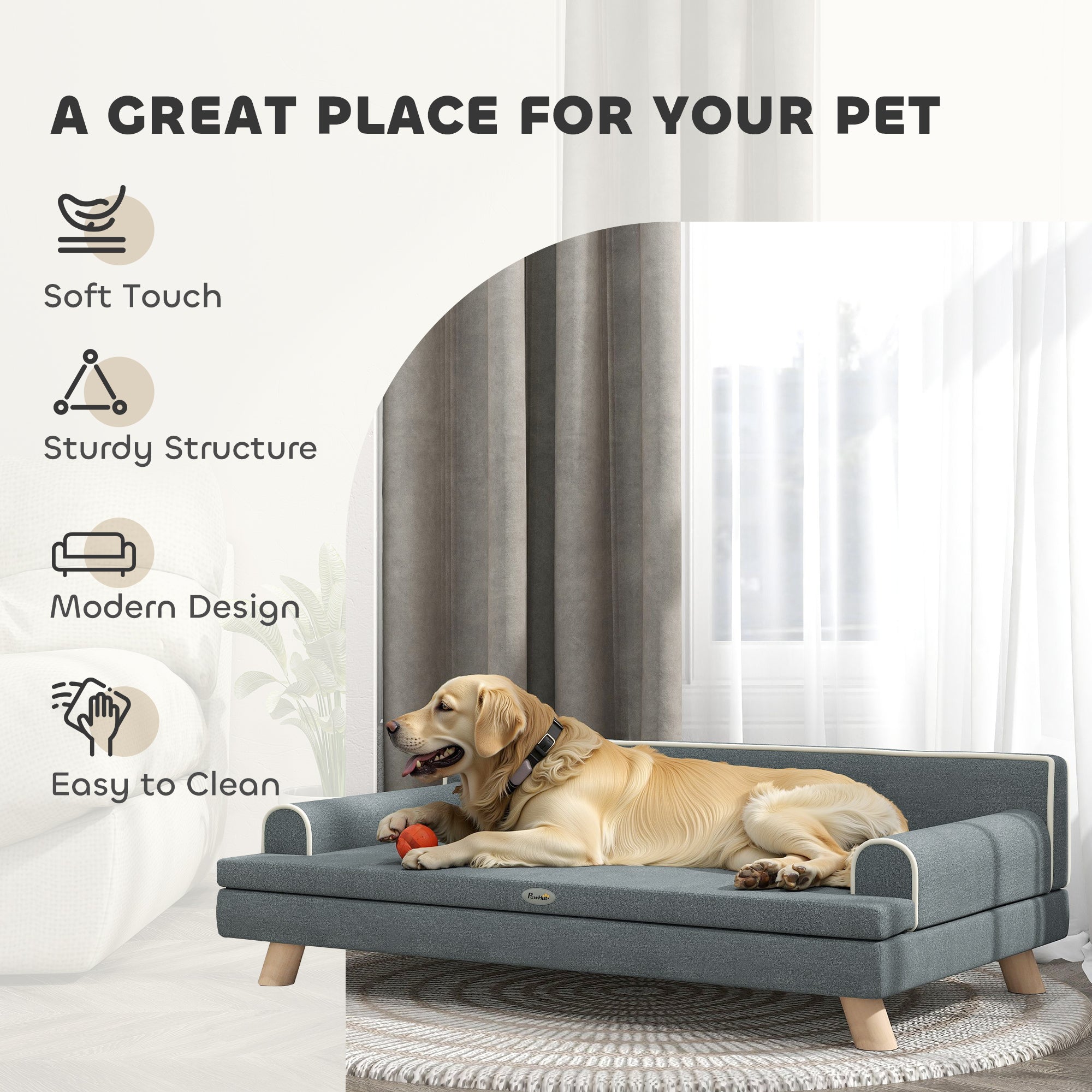 Elevated Dog Sofa Bed, Cat Couch with Cushion, Washable Cover, Wooden Legs, for Medium & Large Dogs, Dark Grey