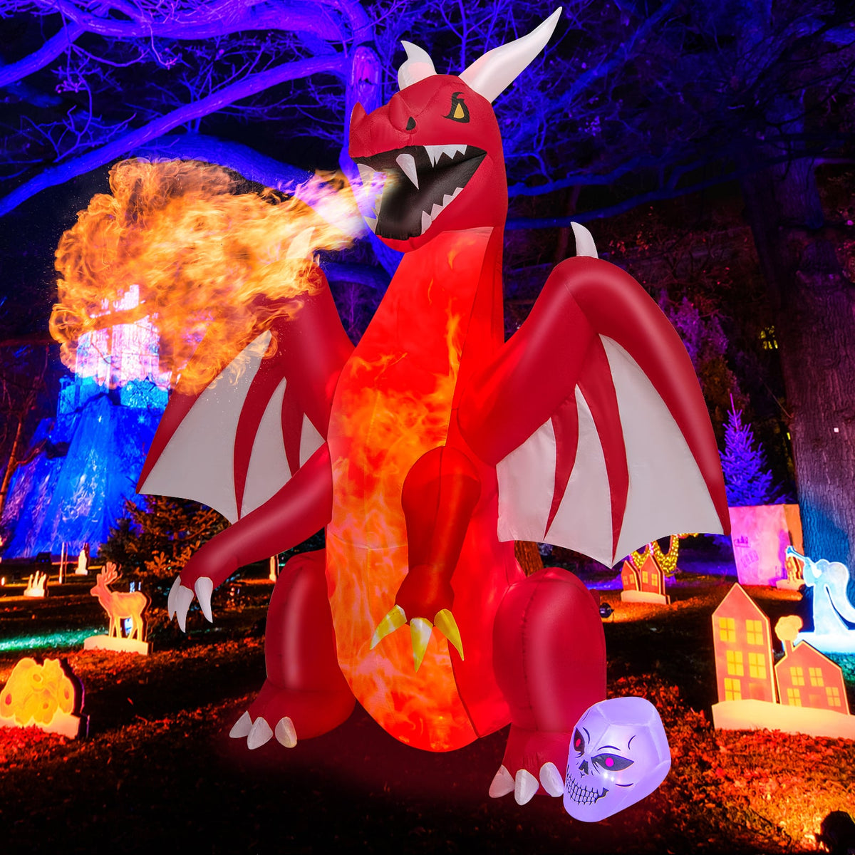 8ft Halloween Inflatable Dragon with LED Lights - Red-Halloween-DECOROLALA