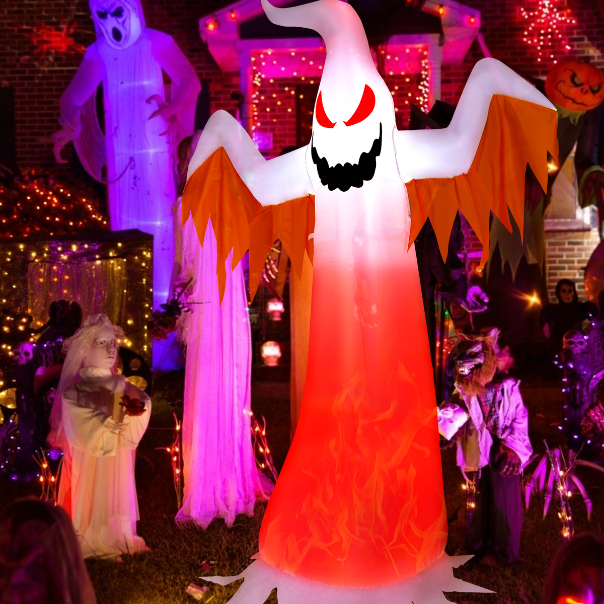 8ft Halloween Inflatable Ghost with Rotating Flame LED Lights-Halloween Decorations-DECOROLALA