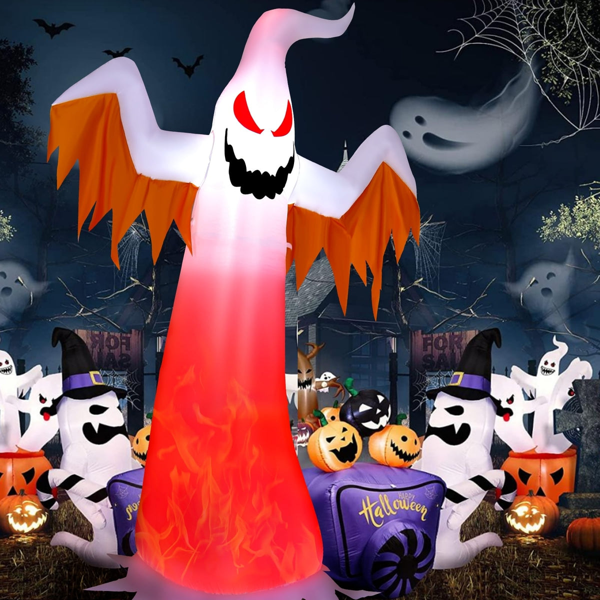 8ft Halloween Inflatable Ghost with Rotating Flame LED Lights-Halloween Decorations-DECOROLALA