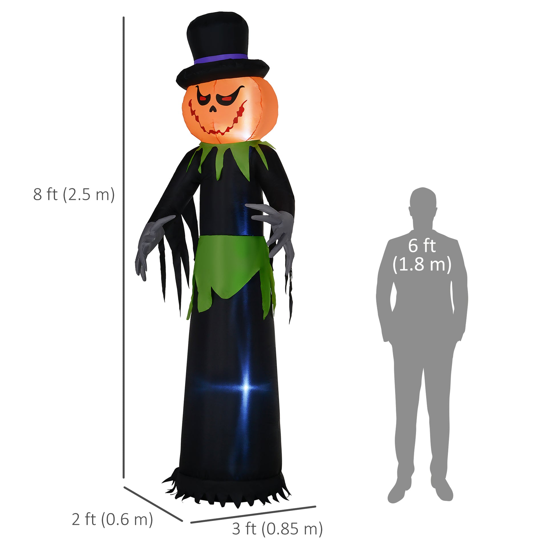 8ft Halloween Inflatable Pumpkin Head Ghost in A Hat, Outdoor Blow-Up Decoration with LED Lights for Yard Display-Home Furnishings > Holiday & Seasonal > Halloween Decorations-DECOROLALA