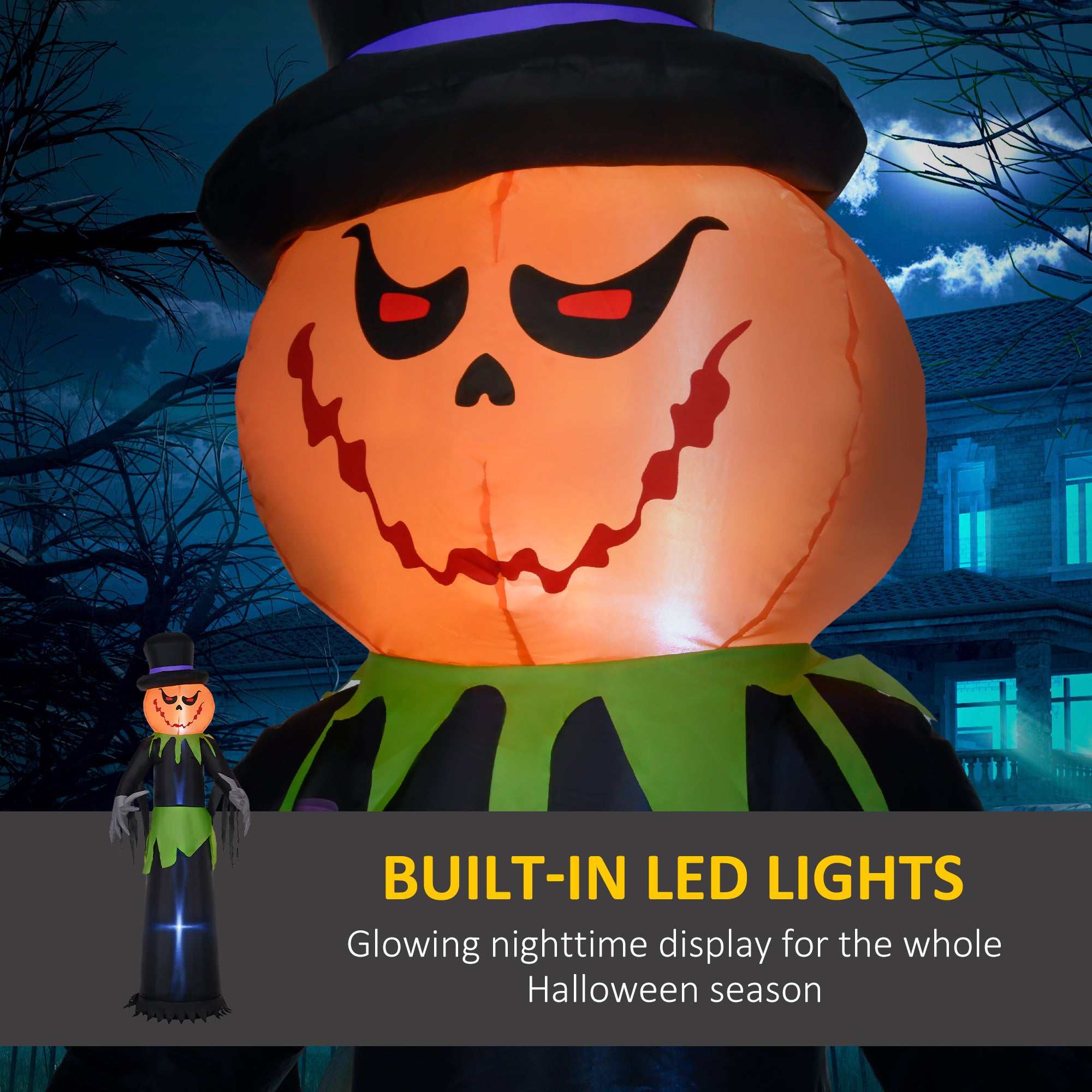 8ft Halloween Inflatable Pumpkin Head Ghost in A Hat, Outdoor Blow-Up Decoration with LED Lights for Yard Display-Home Furnishings > Holiday & Seasonal > Halloween Decorations-DECOROLALA