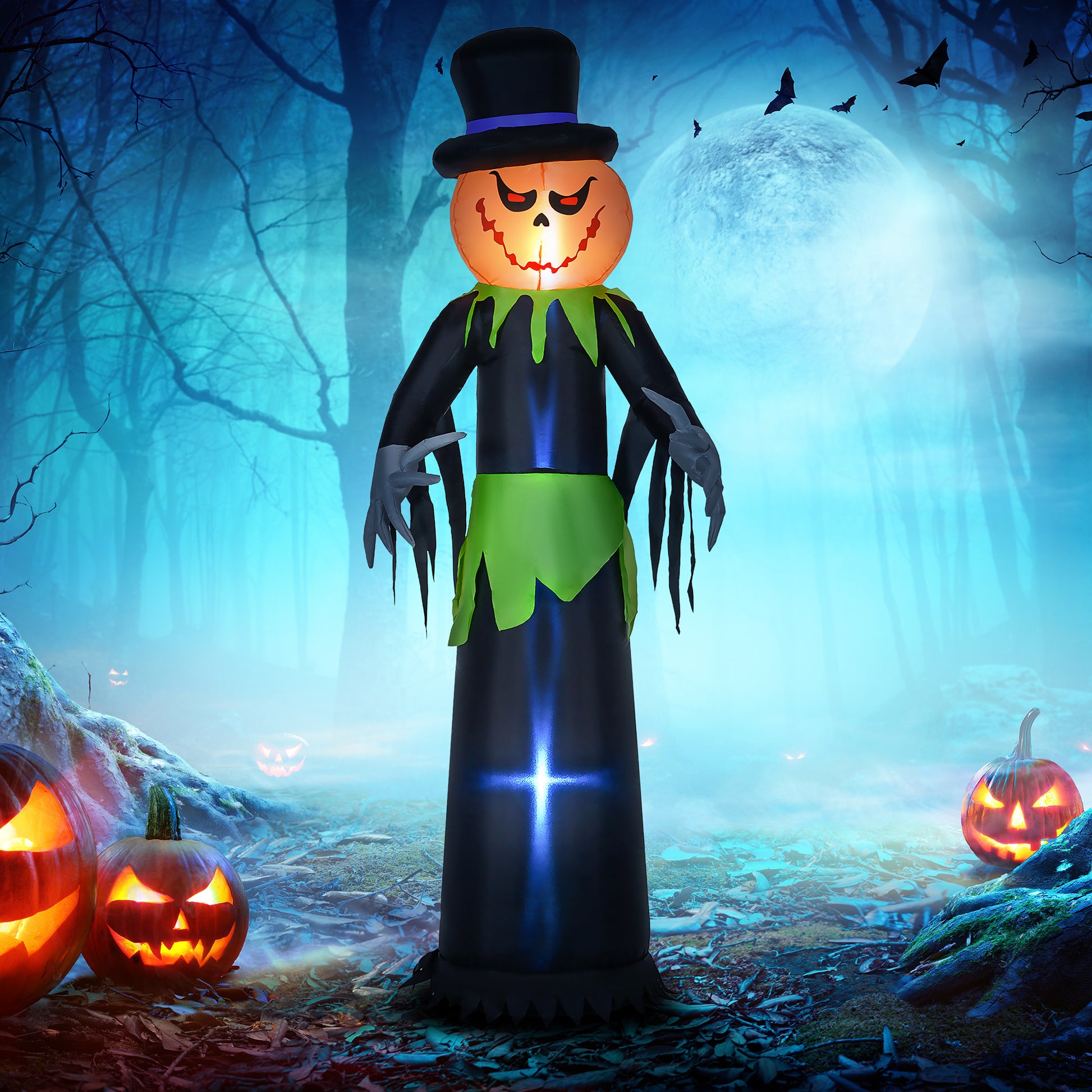 8ft Halloween Inflatable Pumpkin Head Ghost in A Hat, Outdoor Blow-Up Decoration with LED Lights for Yard Display-Home Furnishings > Holiday & Seasonal > Halloween Decorations-DECOROLALA