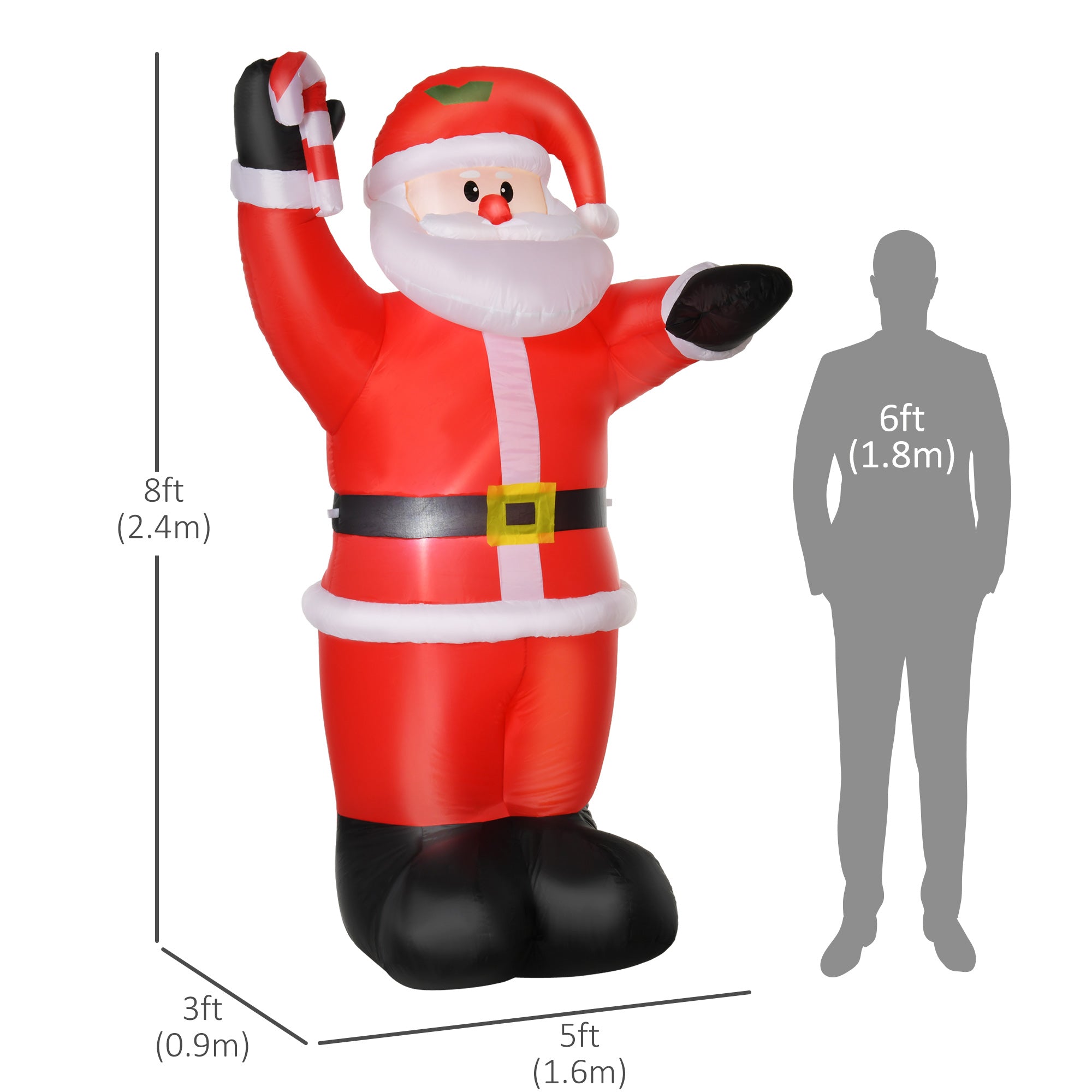 8ft Inflatable Christmas Santa Claus with Candy Cane, Blow-Up Outdoor LED Yard Display for Lawn Garden Party-Home Furnishings > Holiday & Seasonal > Christmas Decorations > Christmas Inflatables-DECOROLALA