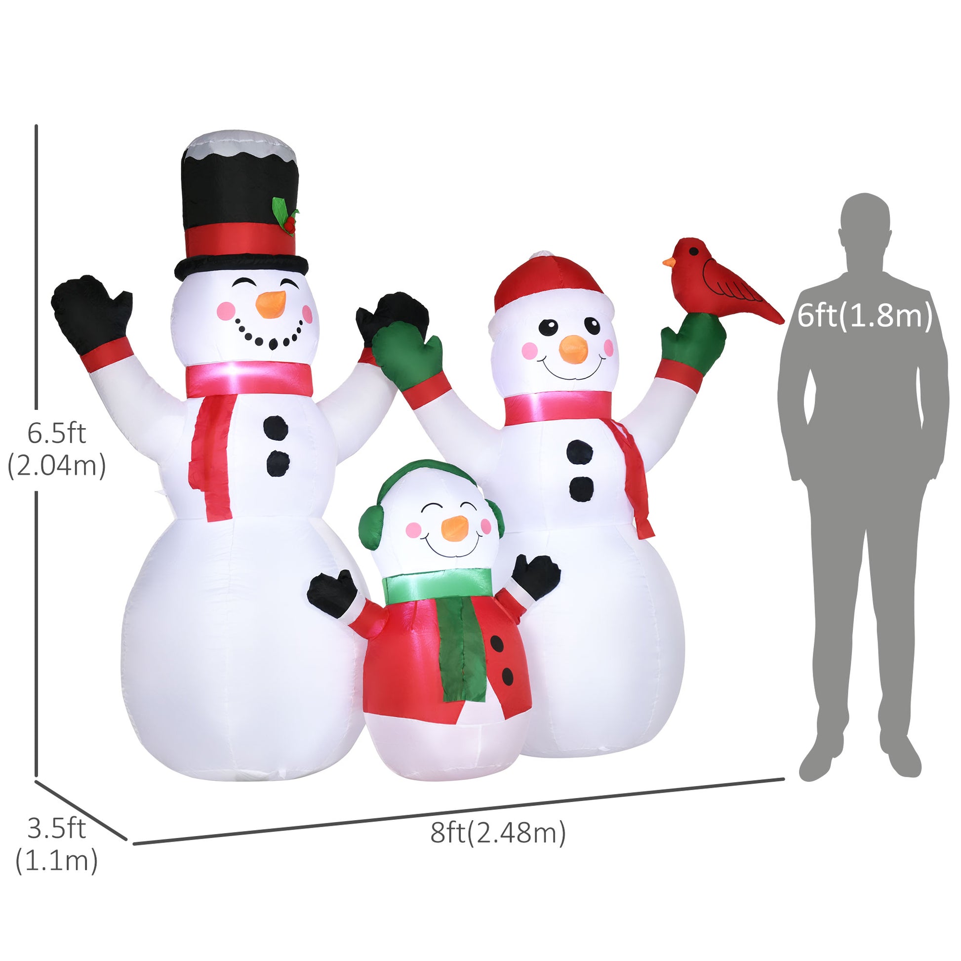 8ft Inflatable Christmas Snowman Family with A Red Bird, Blow-Up Outdoor LED Yard Display for Lawn Garden Party-Home Furnishings > Holiday & Seasonal > Christmas Decorations > Christmas Inflatables-DECOROLALA