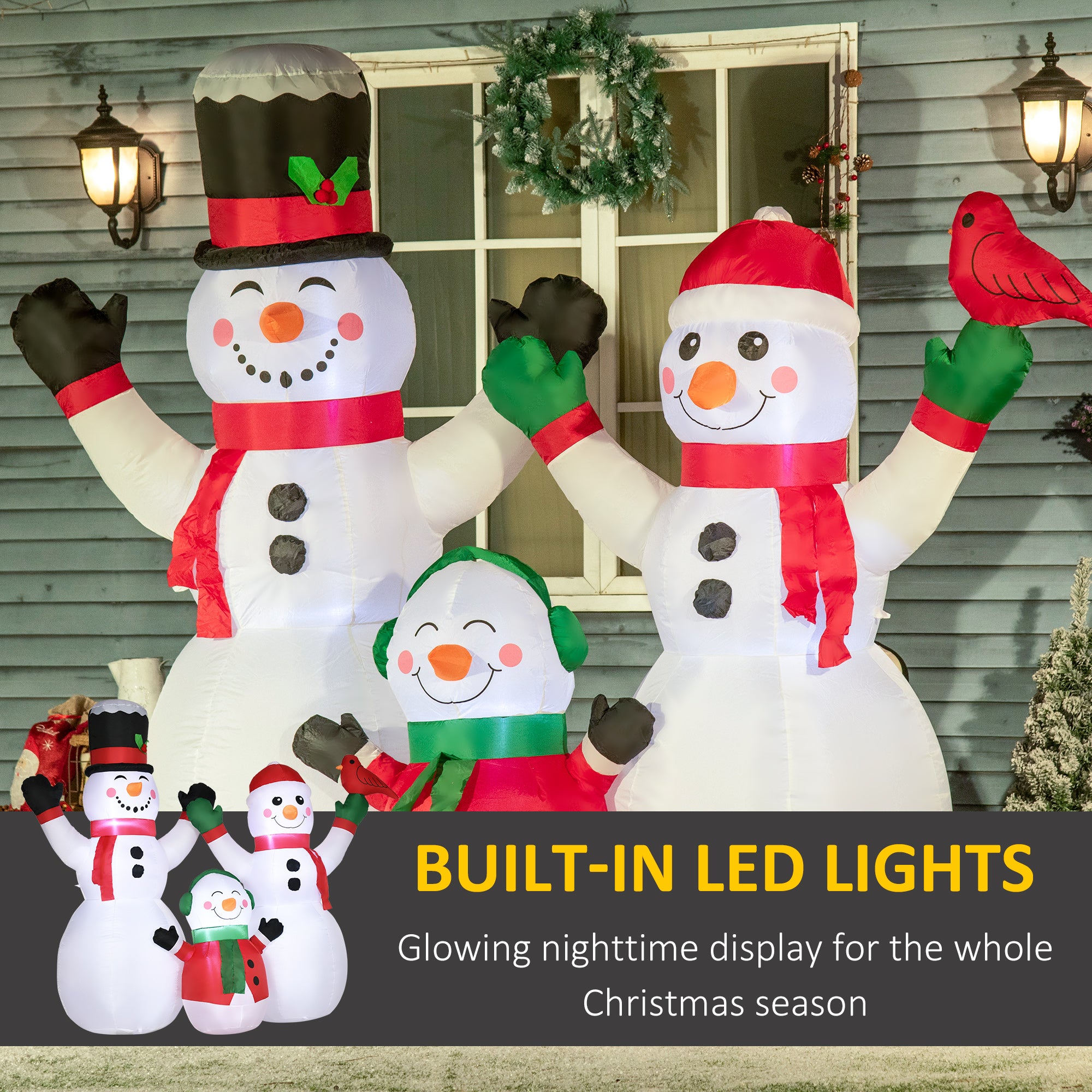 8ft Inflatable Christmas Snowman Family with A Red Bird, Blow-Up Outdoor LED Yard Display for Lawn Garden Party-Home Furnishings > Holiday & Seasonal > Christmas Decorations > Christmas Inflatables-DECOROLALA