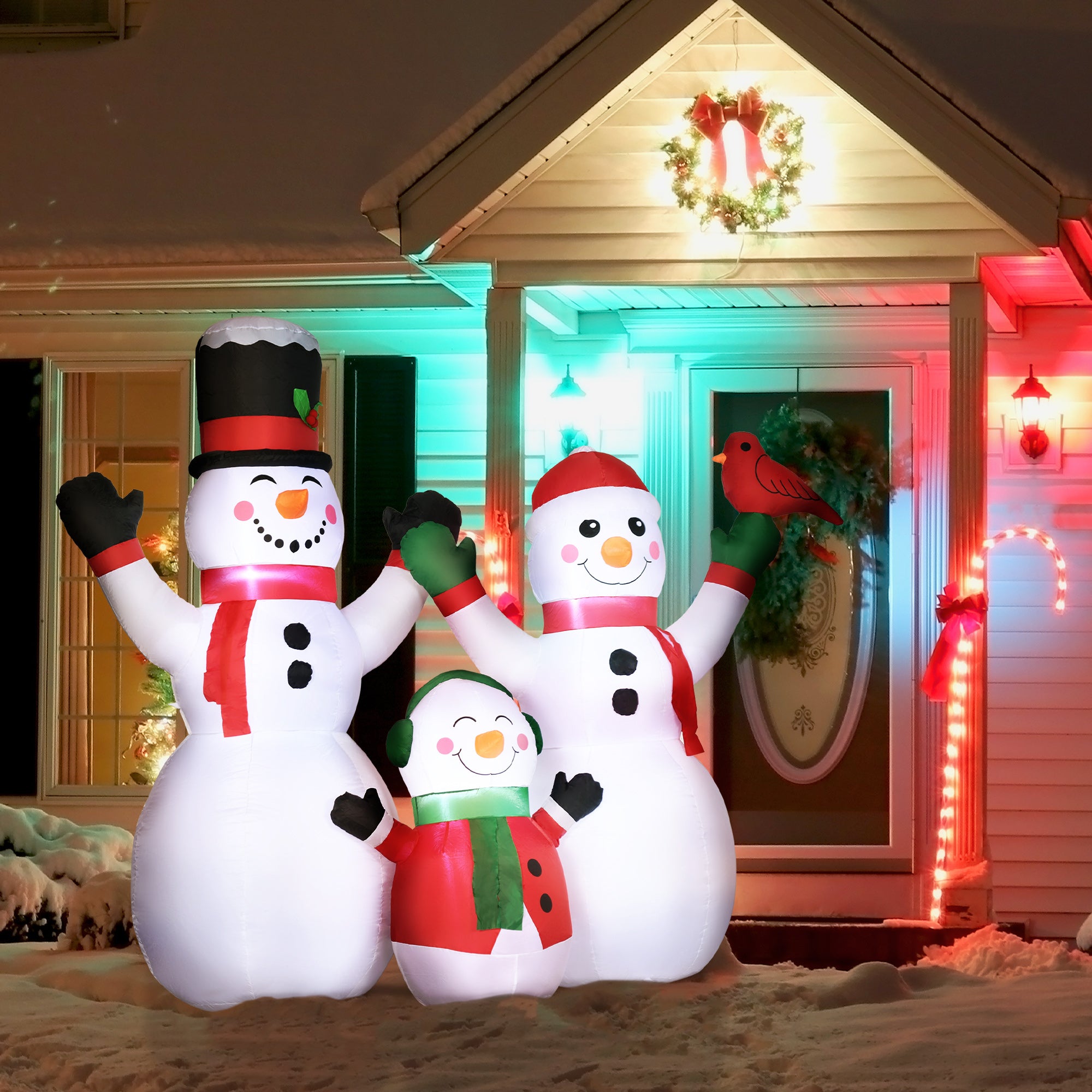 8ft Inflatable Christmas Snowman Family with A Red Bird, Blow-Up Outdoor LED Yard Display for Lawn Garden Party-Home Furnishings > Holiday & Seasonal > Christmas Decorations > Christmas Inflatables-DECOROLALA