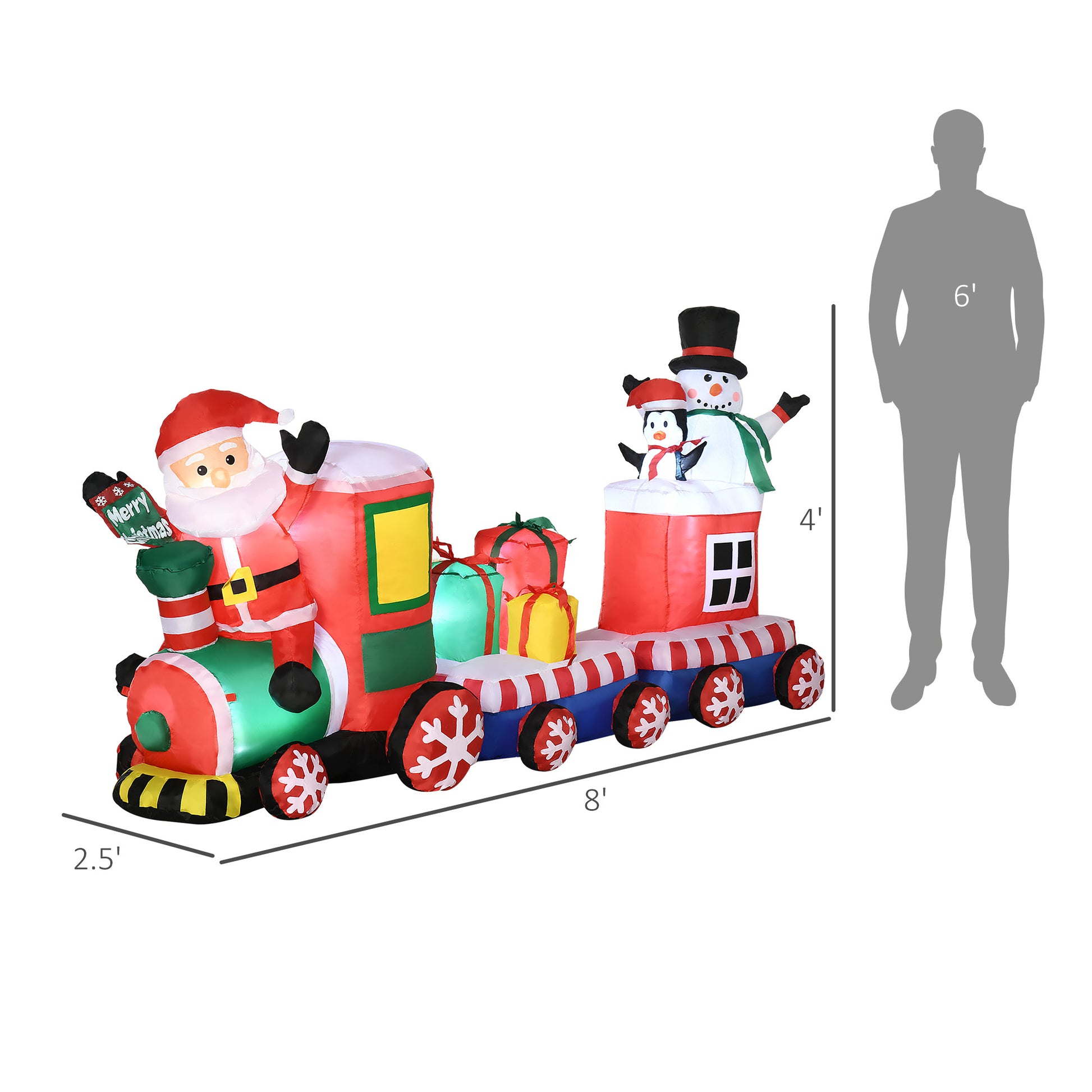 8ft Inflatable Christmas Train with Santa Claus, Snowman, Penguin and Gift Boxes, Blow-Up Outdoor LED Yard Display for Lawn Garden Party-Home Furnishings > Holiday & Seasonal > Christmas Decorations > Christmas Inflatables-DECOROLALA