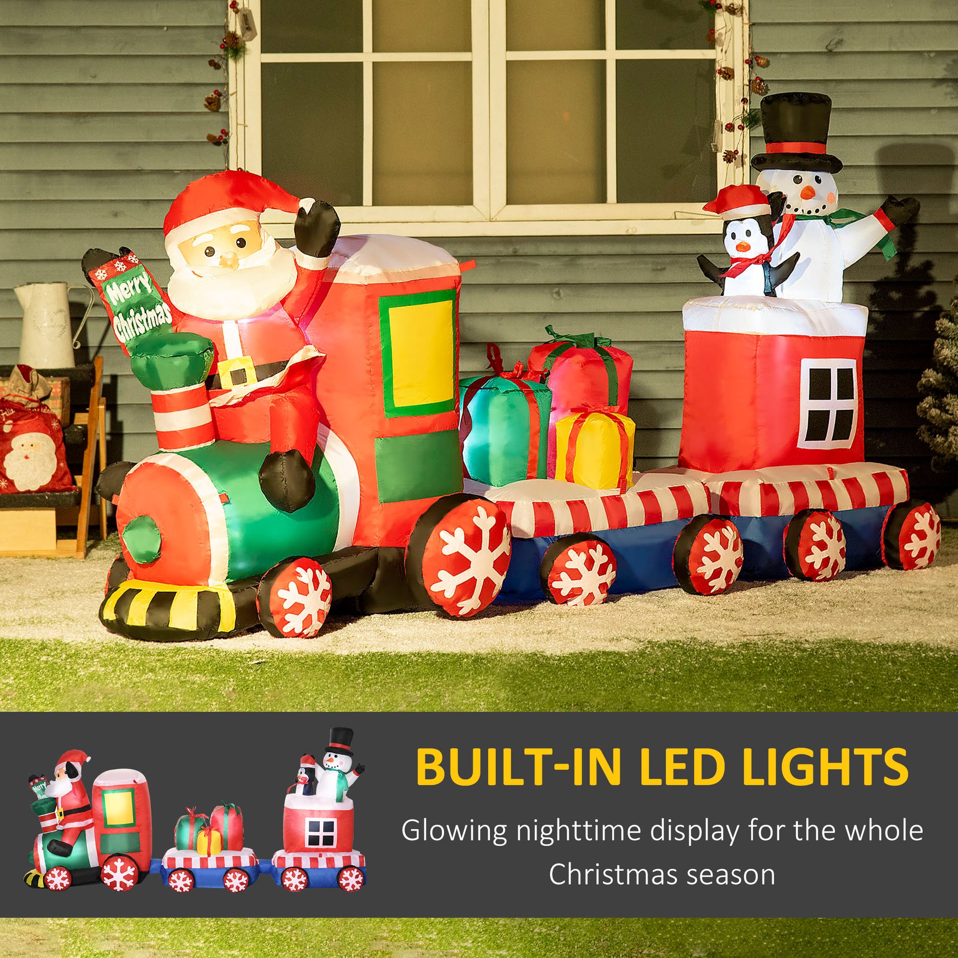 8ft Inflatable Christmas Train with Santa Claus, Snowman, Penguin and Gift Boxes, Blow-Up Outdoor LED Yard Display for Lawn Garden Party-Home Furnishings > Holiday & Seasonal > Christmas Decorations > Christmas Inflatables-DECOROLALA