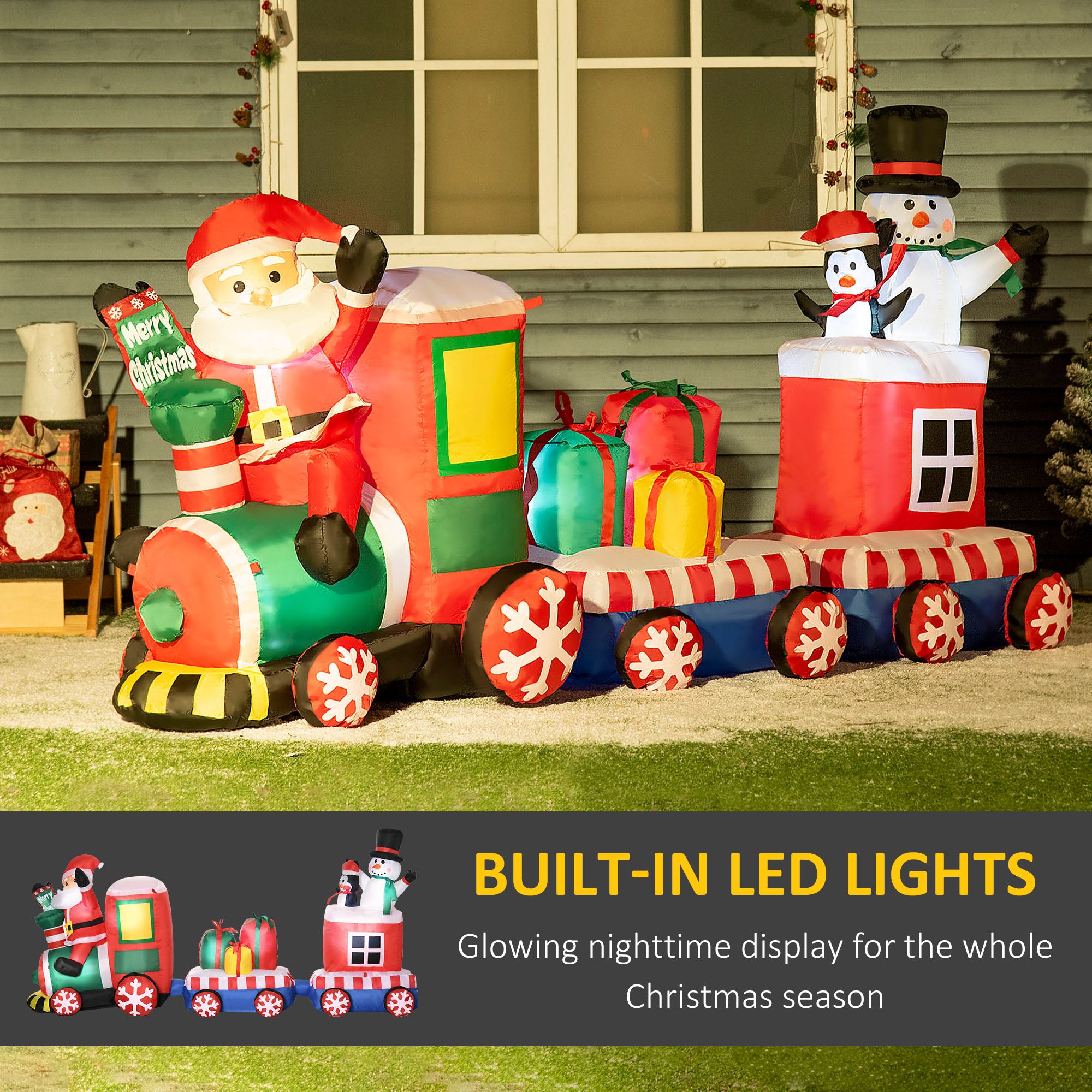 8ft Inflatable Christmas Train with Santa Claus, Snowman, Penguin and Gift Boxes, Blow-Up Outdoor LED Yard Display for Lawn Garden Party-Home Furnishings > Holiday & Seasonal > Christmas Decorations > Christmas Inflatables-DECOROLALA