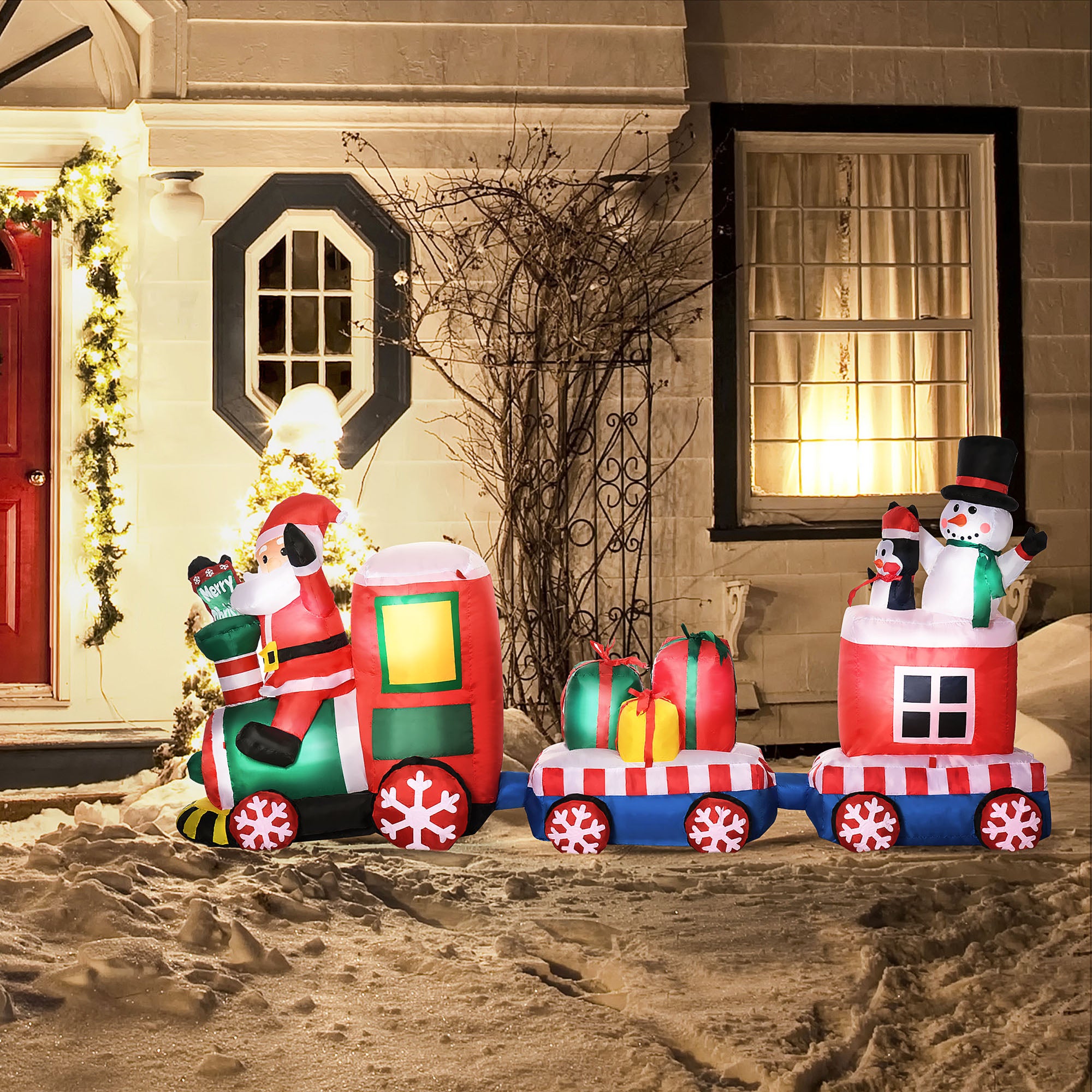 8ft Inflatable Christmas Train with Santa Claus, Snowman, Penguin and Gift Boxes, Blow-Up Outdoor LED Yard Display for Lawn Garden Party-Home Furnishings > Holiday & Seasonal > Christmas Decorations > Christmas Inflatables-DECOROLALA