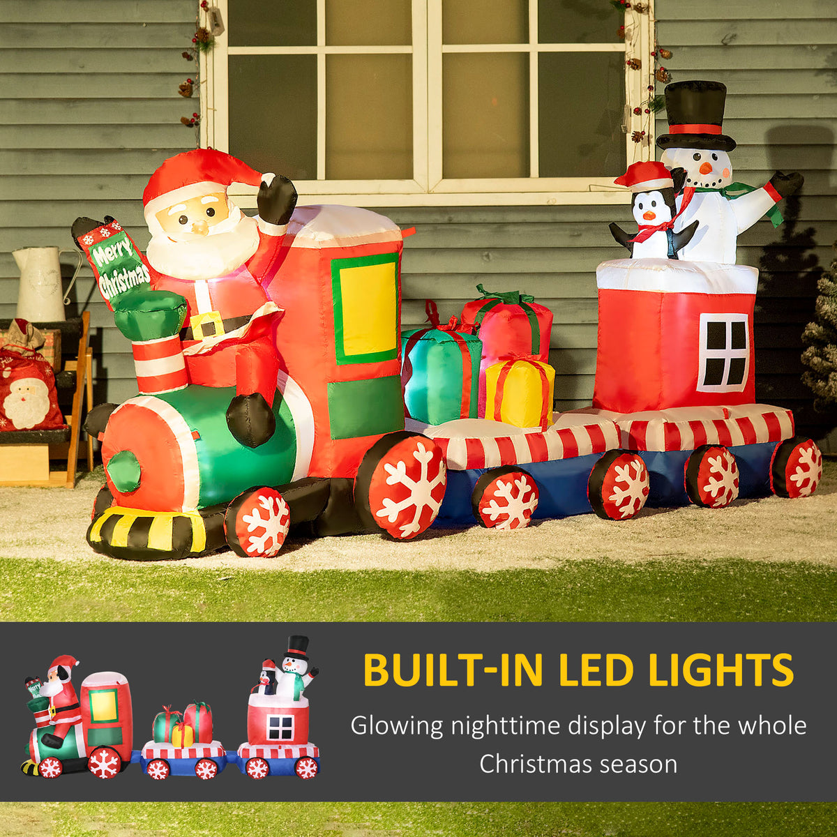 8ft Inflatable Christmas Train with Santa and Snowman - LED Display-Home Furnishings > Holiday & Seasonal > Christmas Decorations > Christmas Inflatables-DECOROLALA