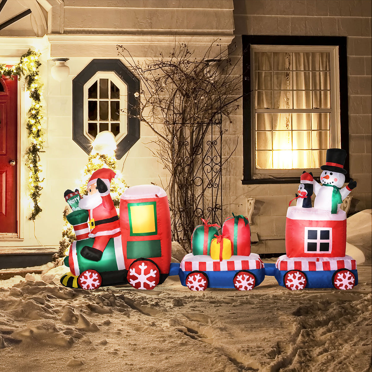 8ft Inflatable Christmas Train with Santa and Snowman - LED Display-Home Furnishings > Holiday & Seasonal > Christmas Decorations > Christmas Inflatables-DECOROLALA