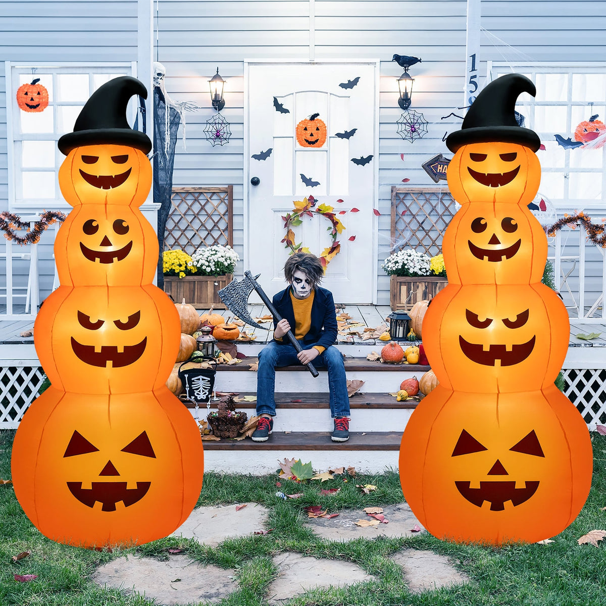 8ft Inflatable Halloween Pumpkin Stack with LED Lights-Halloween Decorations-DECOROLALA