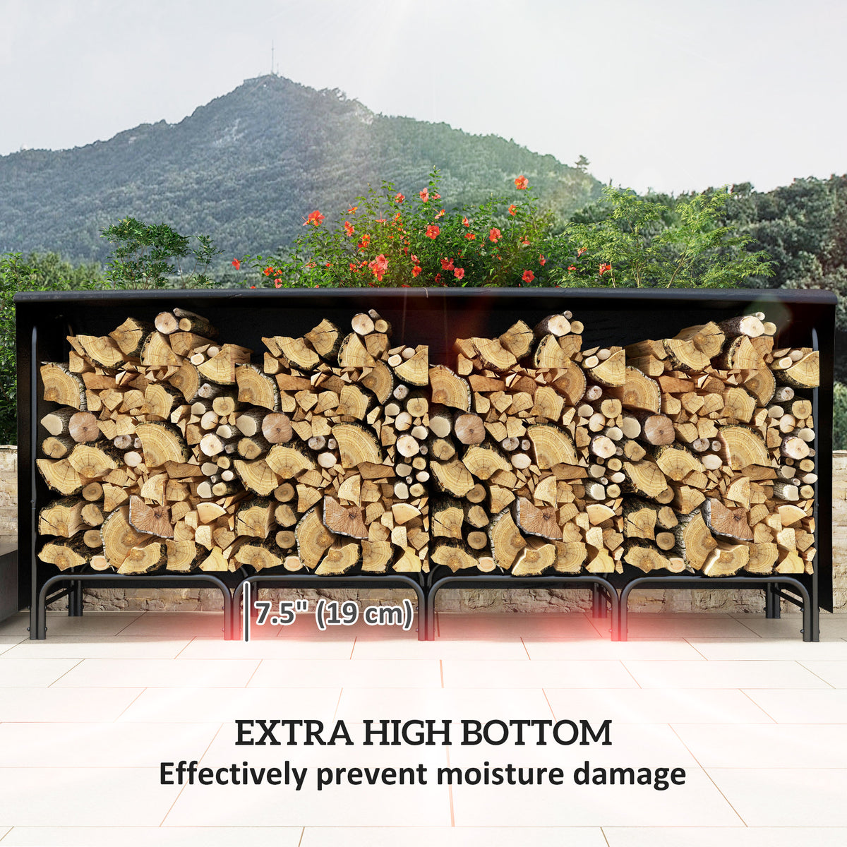 8ft Outdoor Firewood Rack with Cover - Black Steel-Firewood Racks-DECOROLALA