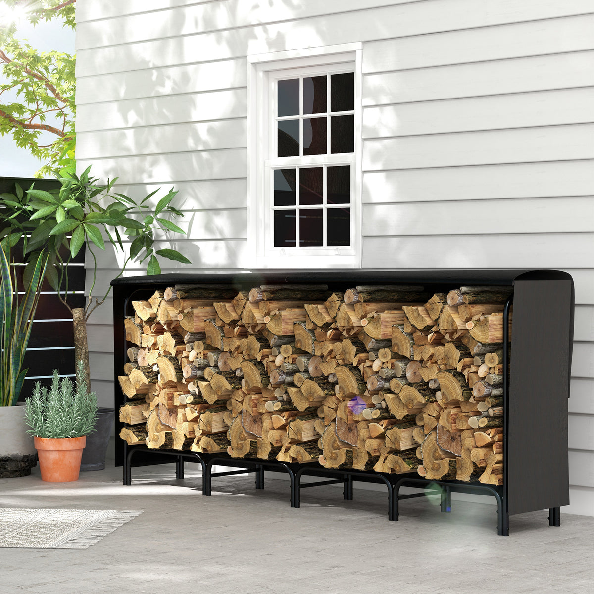 8ft Outdoor Firewood Rack with Cover - Black Steel-Firewood Racks-DECOROLALA