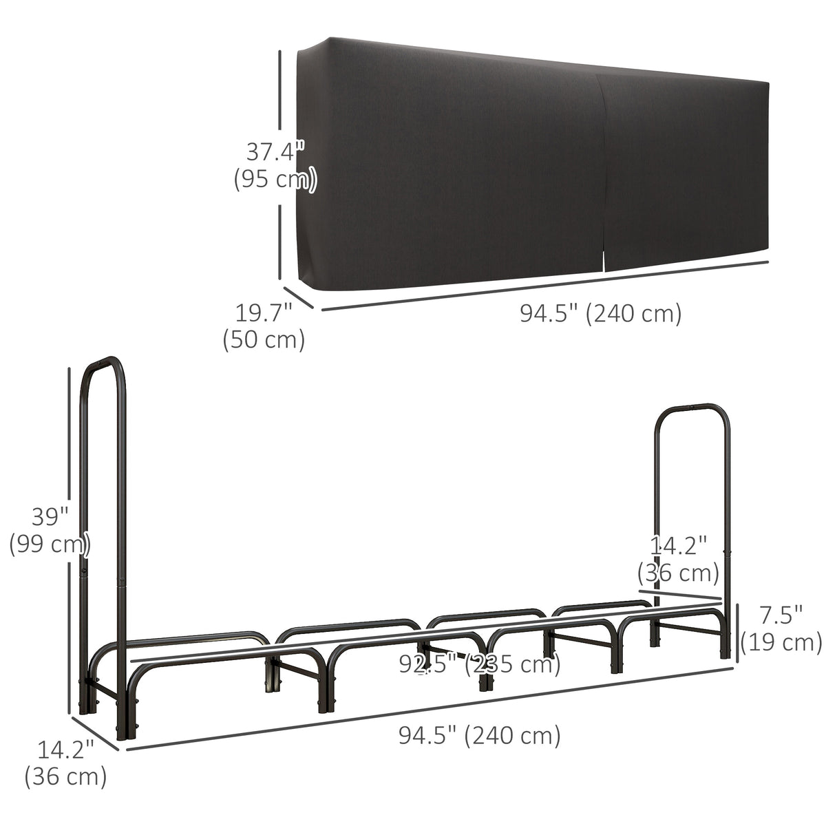 8ft Outdoor Firewood Rack with Cover - Black Steel-Firewood Racks-DECOROLALA