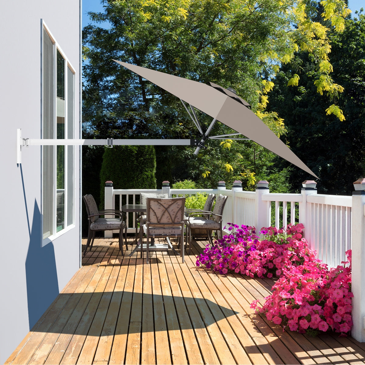 8ft Wall-Mounted Telescopic Folding Tilt Aluminum Sun Shade Umbrella-Tan-Outdoor Umbrellas-DECOROLALA