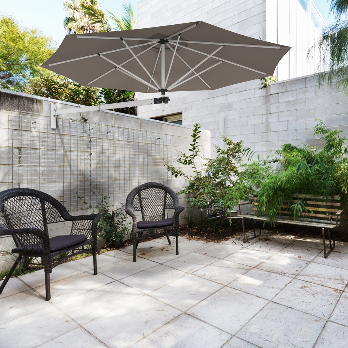 8ft Wall-Mounted Telescopic Folding Tilt Aluminum Sun Shade Umbrella-Tan-Outdoor Umbrellas-DECOROLALA