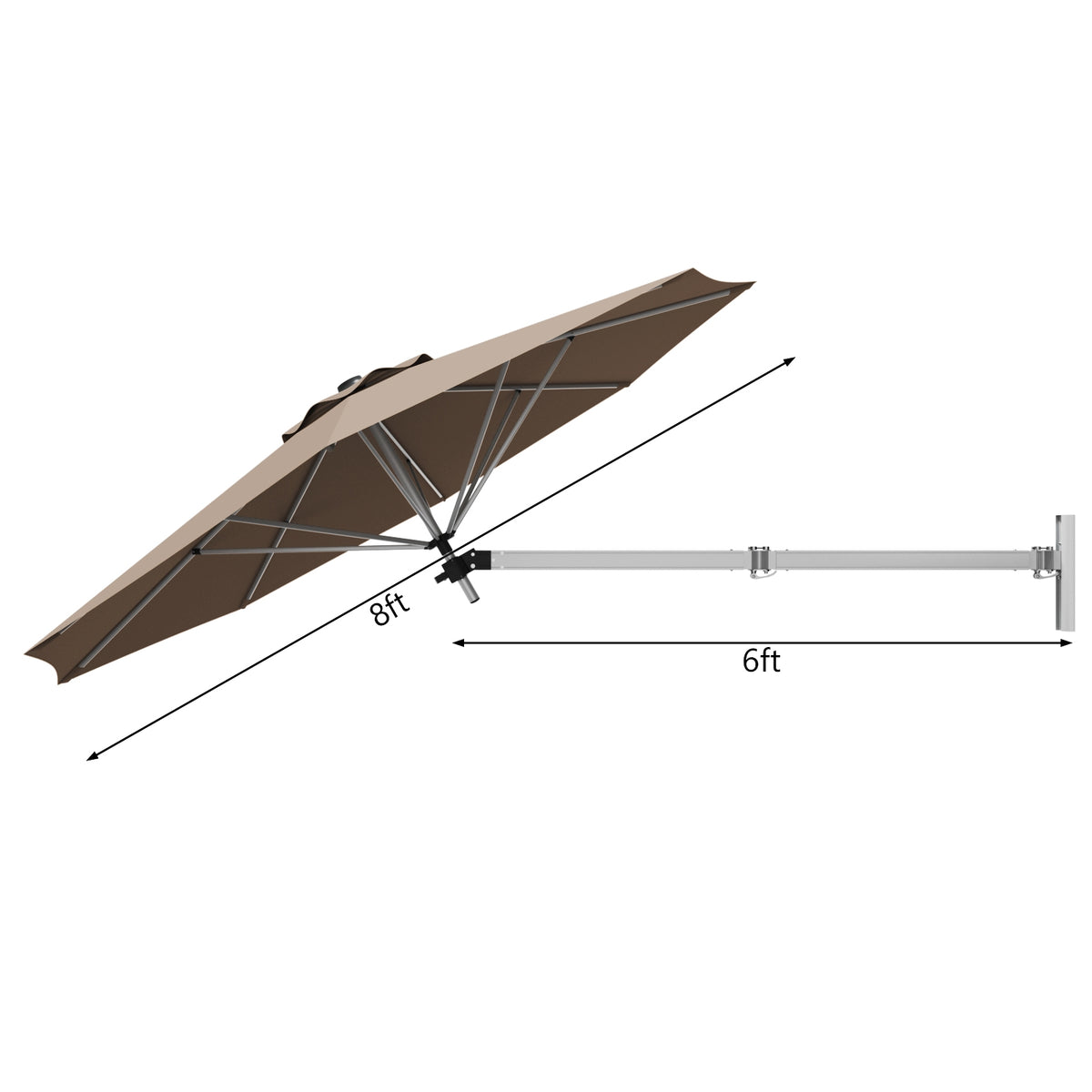 8ft Wall-Mounted Telescopic Folding Tilt Aluminum Sun Shade Umbrella-Tan-Outdoor Umbrellas-DECOROLALA