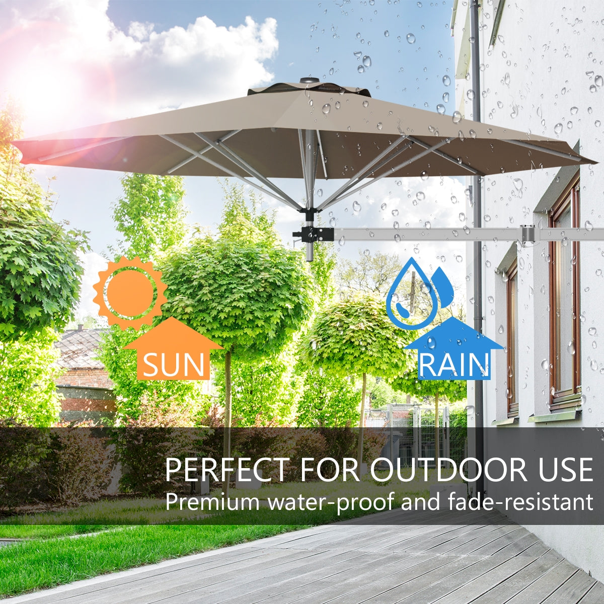 8ft Wall-Mounted Telescopic Folding Tilt Aluminum Sun Shade Umbrella-Tan-Outdoor Umbrellas-DECOROLALA