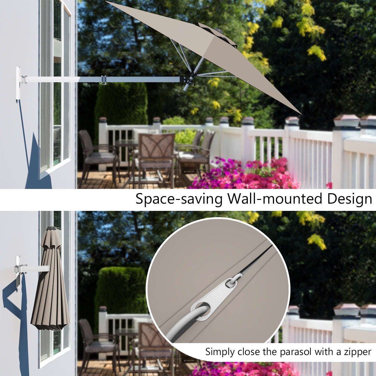 8ft Wall-Mounted Telescopic Folding Tilt Aluminum Sun Shade Umbrella-Tan-Outdoor Umbrellas-DECOROLALA