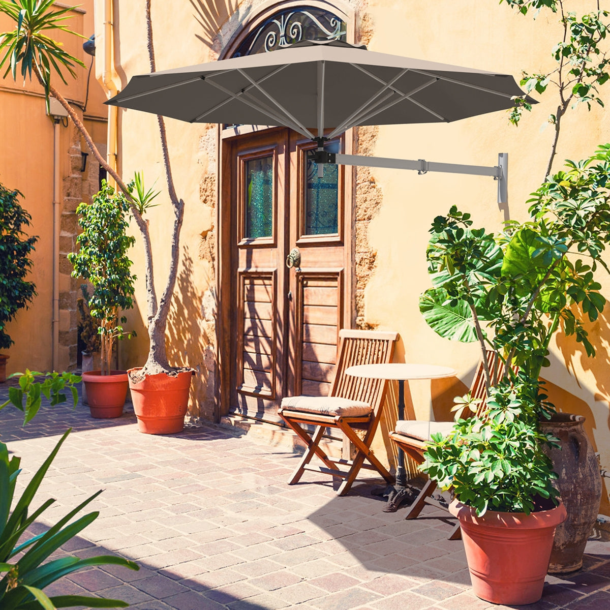 8ft Wall-Mounted Telescopic Folding Tilt Aluminum Sun Shade Umbrella-Tan-Outdoor Umbrellas-DECOROLALA