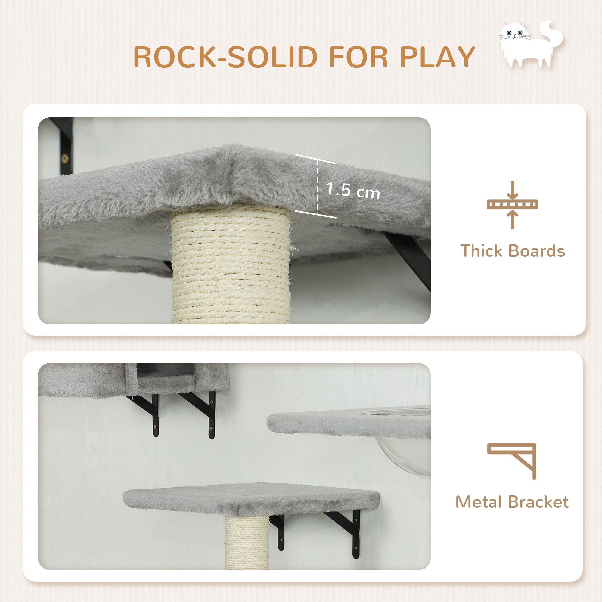 Cat Wall Shelves Set of 7, Shelves and Perches with House, Sisal Post Ladder, Bed & Ball, Grey