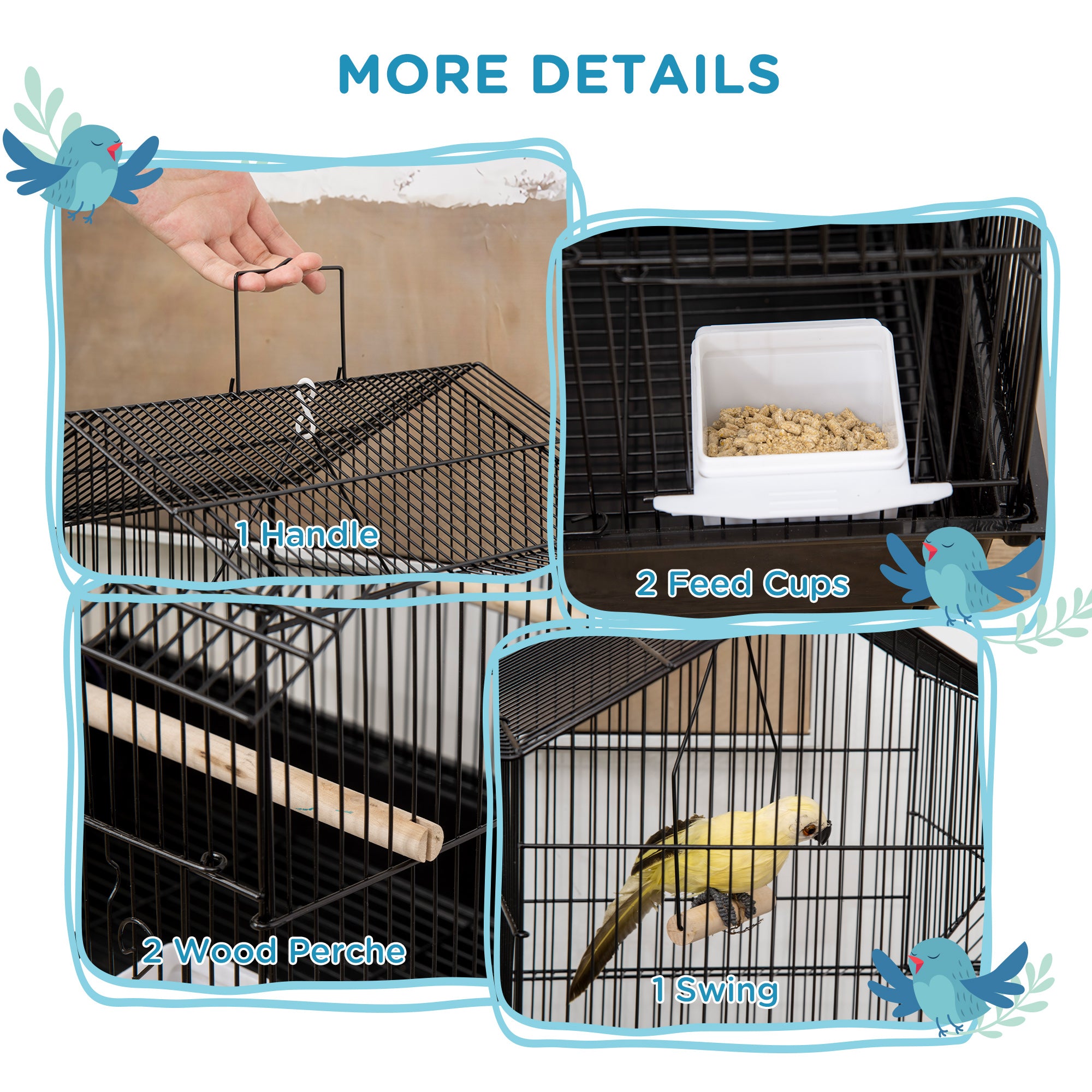 25" Bird Cage with Perch, Swing, Food Container, Slide-out Tray, Handle, Parrot Cage for Finches, Canaries, Budgies