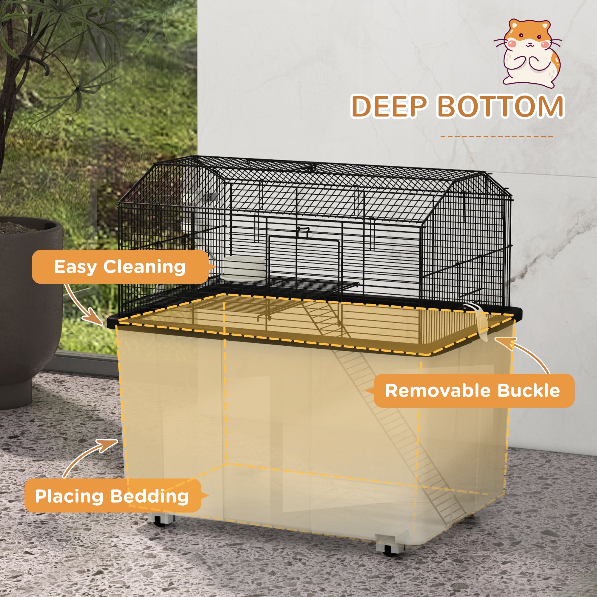 Hamster House Gerbil Habitat for Dwarf Hamster with Wheels, Detachable Bottom - Black