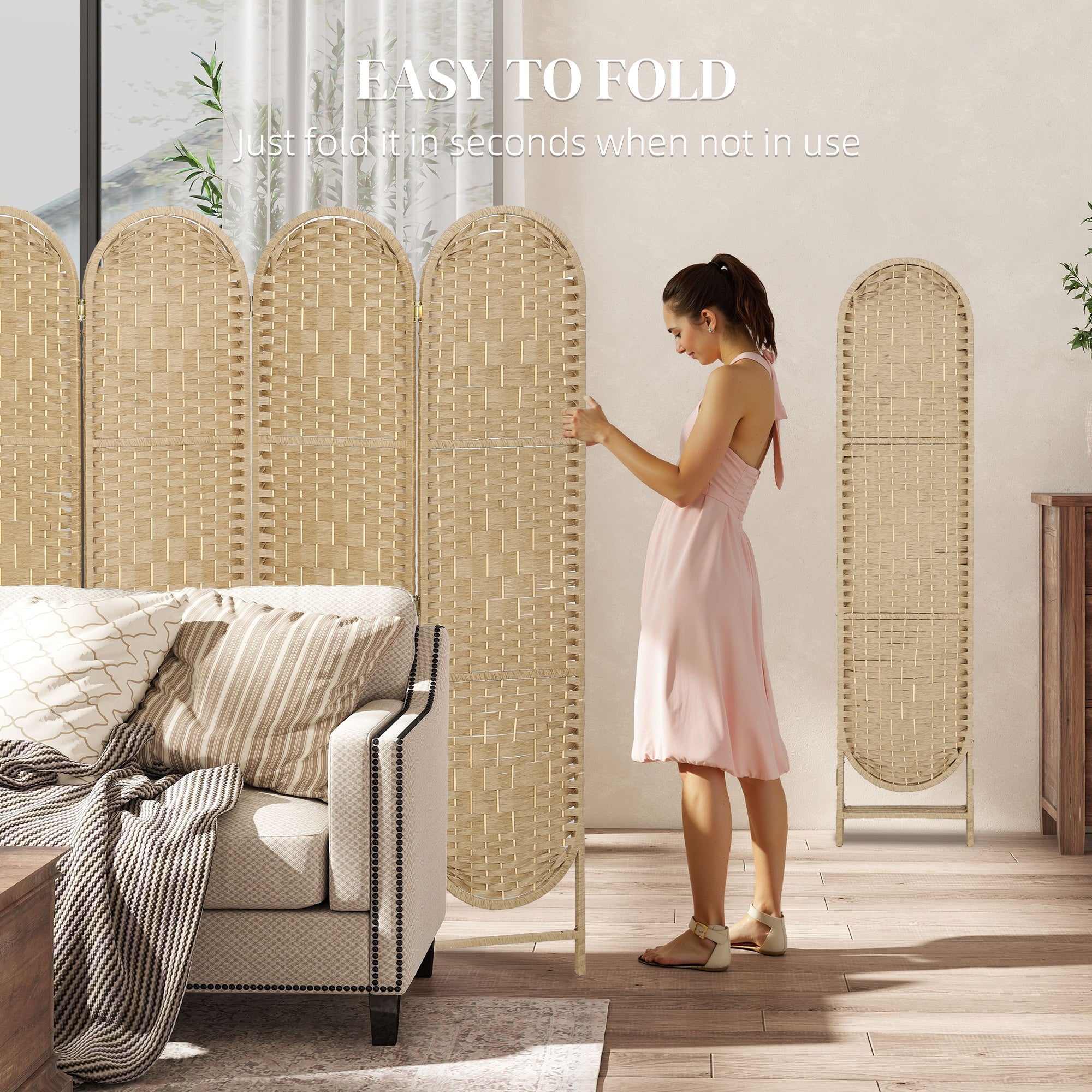 Bohemian Privacy Screen, Folding Room Divider with 4 Panels and Arched Top for Bedroom Living Room Office, Natural Wood