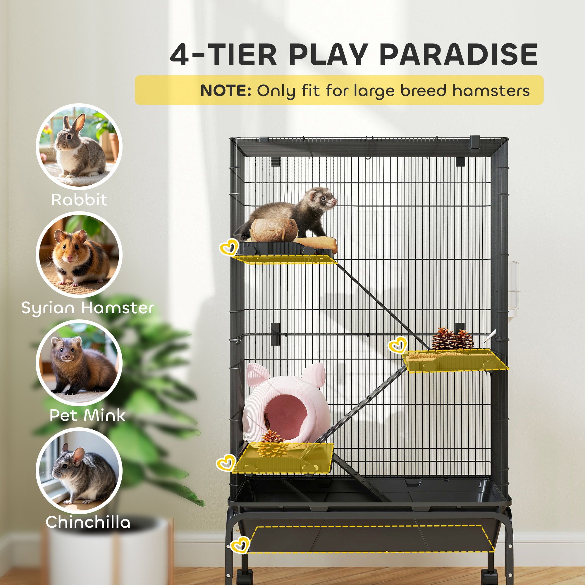 47"H Ferret Cage, Large 4-Tier Guinea Pig Cage with Wheels, Ramps, Bowl, Water Bottle & Removable Tray, Black