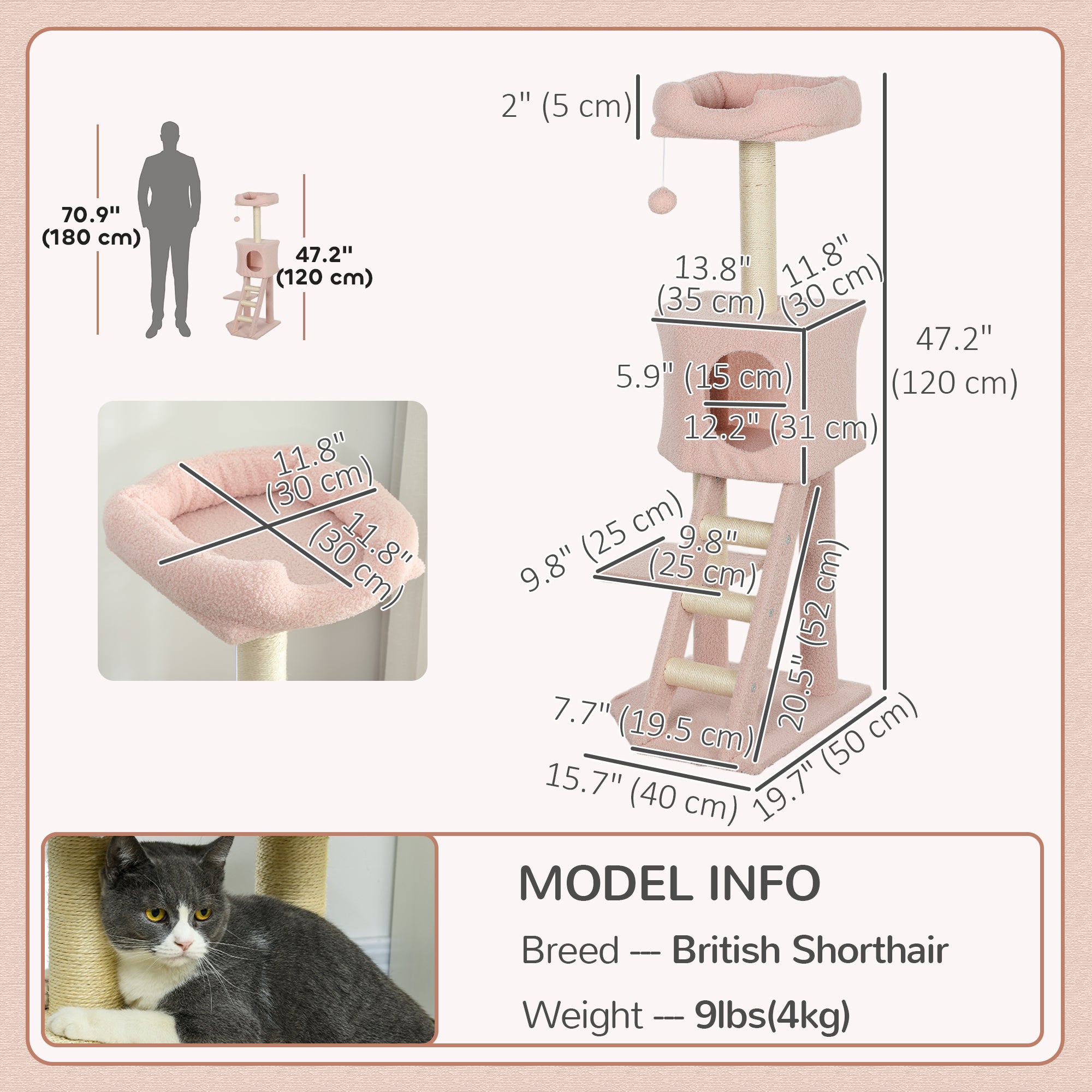 47" Tall Cat Tree Tower with Condo, Ladder, Scratching Posts and Hanging Ball, Pink