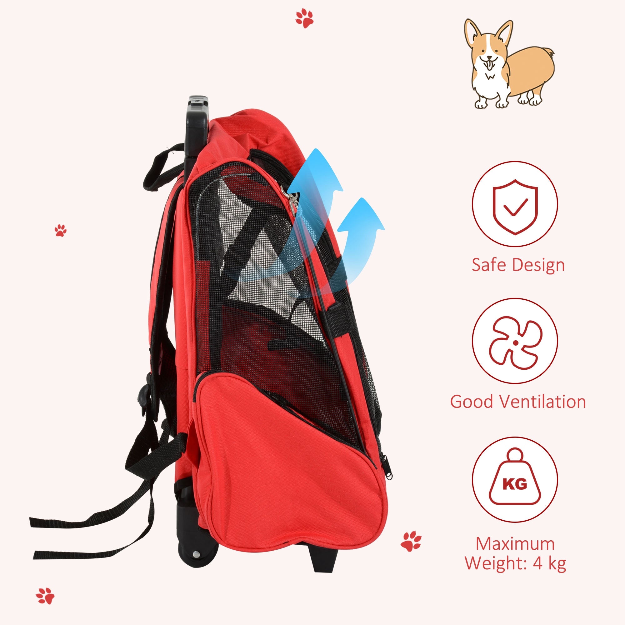 2-IN-1 Pet Luggage Box Backpack Carrier Cats Dogs w/ Handle, Rolling Wheel Red