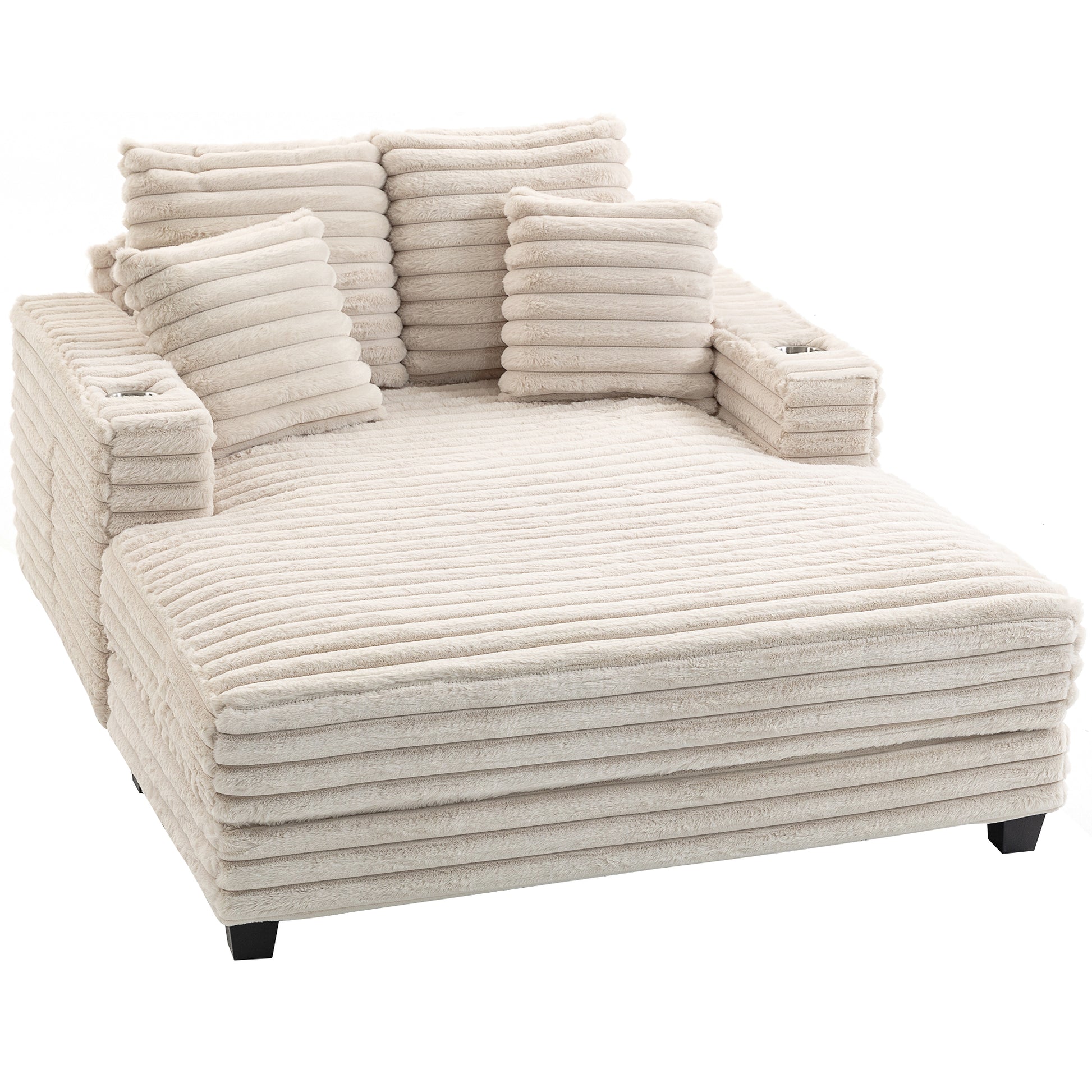 60" Chaise Lounge Chair, Oversized Upholstered Sofa Bed with Cup Holders & Pillows, Sleeper Couch for Living Room, Beige-Home Furnishings > Living Room Furniture > Sofas & Reclining Chairs-DECOROLALA