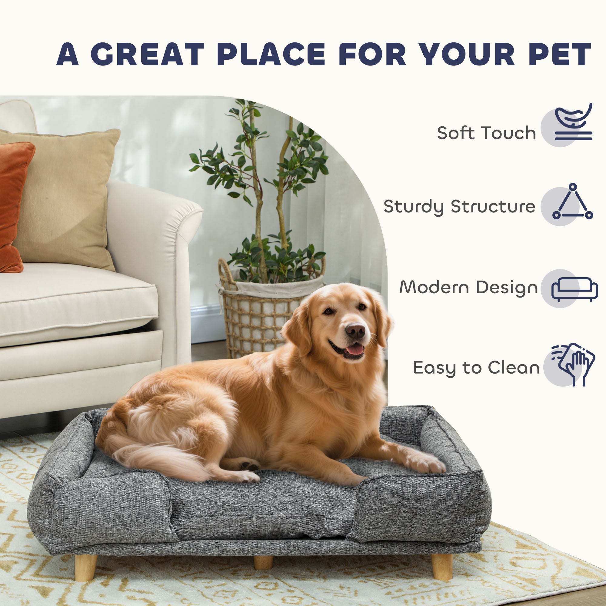 Washable Dog Sofa for Large Dogs, Elevated Pet Couch with Anti-slip Foot Pads, Dark Grey