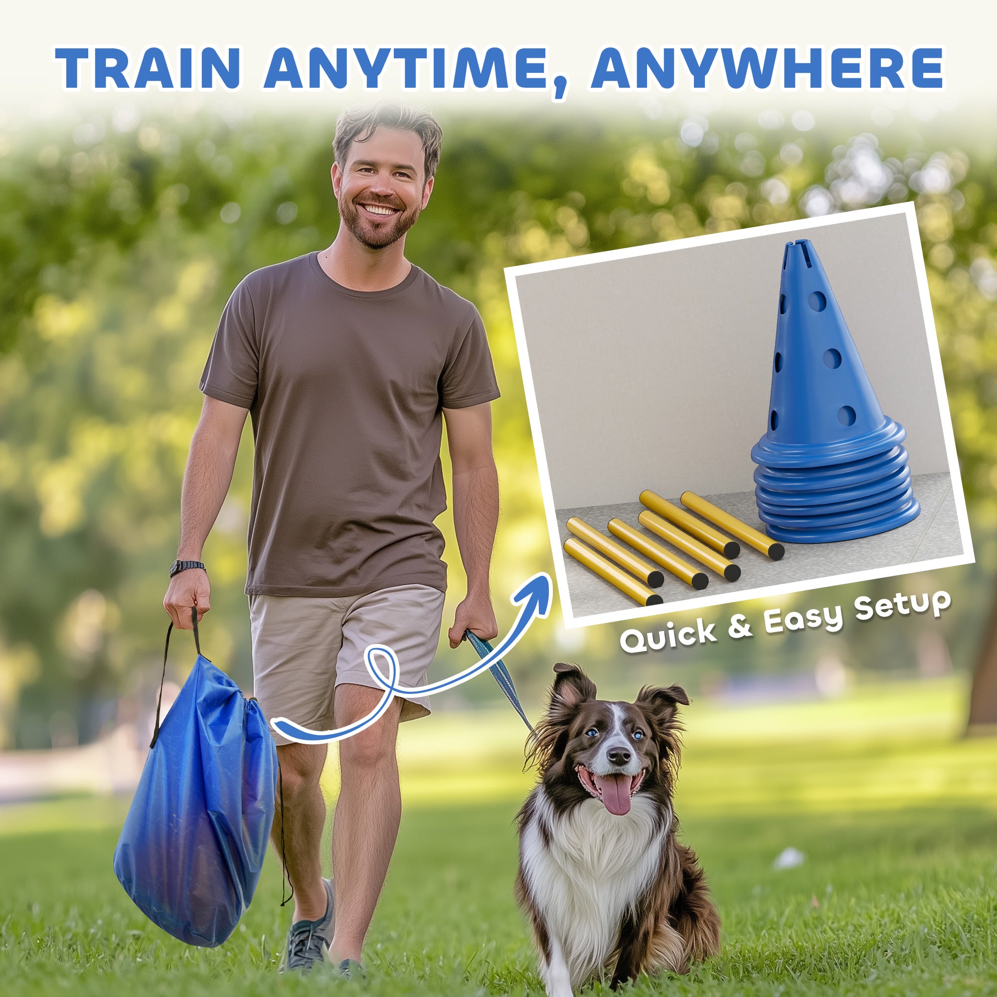 Ensemble de cônes et de haies d’agilité pour chiens, équipement de parcours d’obstacles réglable avec 6 cônes et 6 barres, sac de transport, bleu