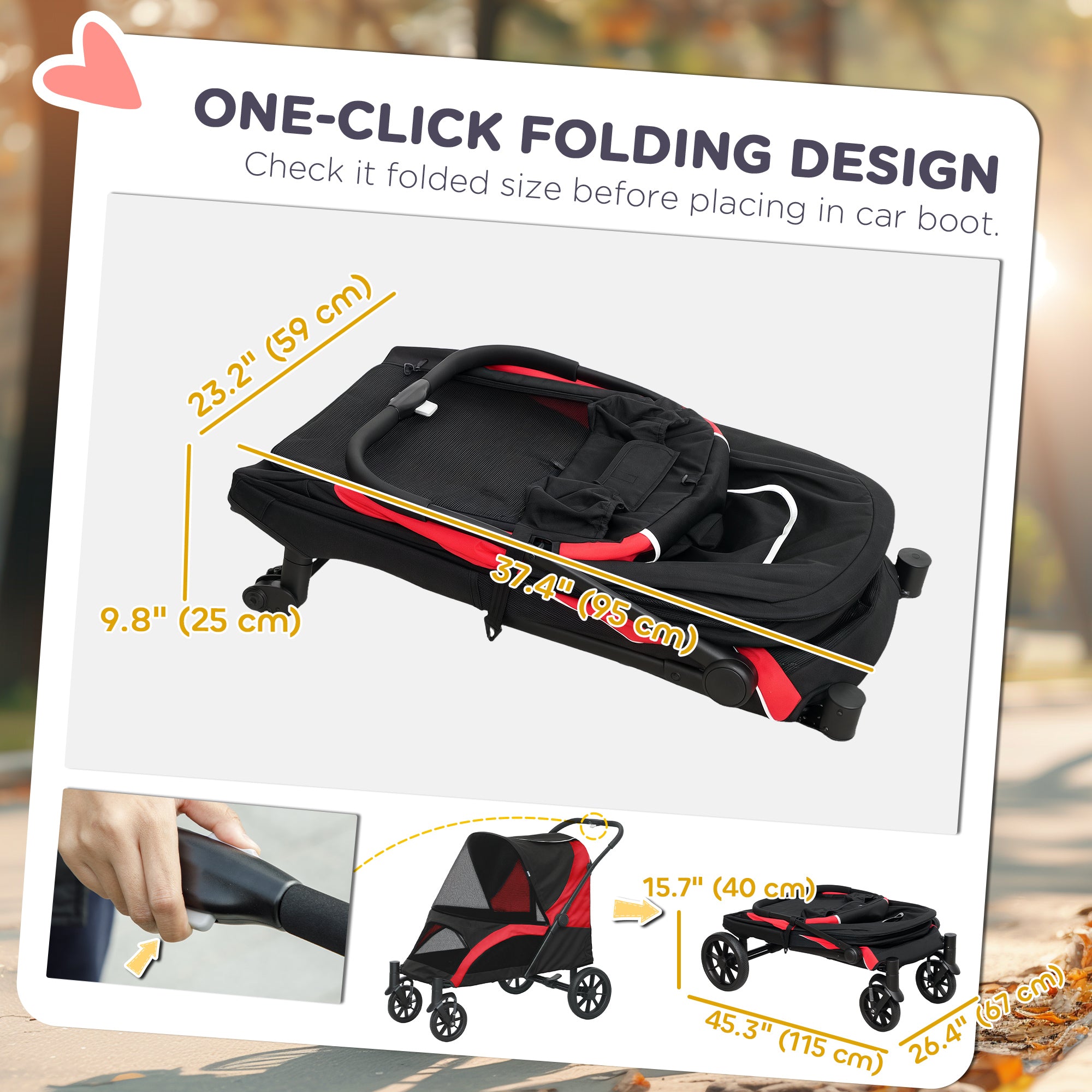 Foldable Pet Stroller for Medium Dogs with Four Big Wheels, Shock-Absorbing Frame, Safety Leashes, Brakes, Black