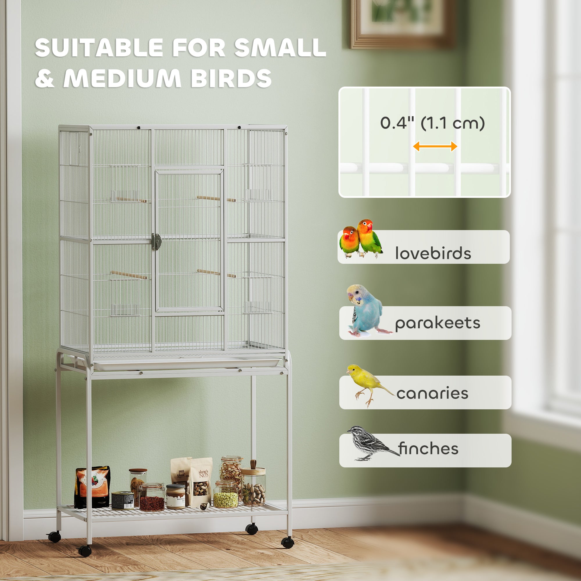 64" Large Rolling Bird Cage Bird House with Detachable Rolling Stand, Storage Shelf, Wood Perch Food Container, White