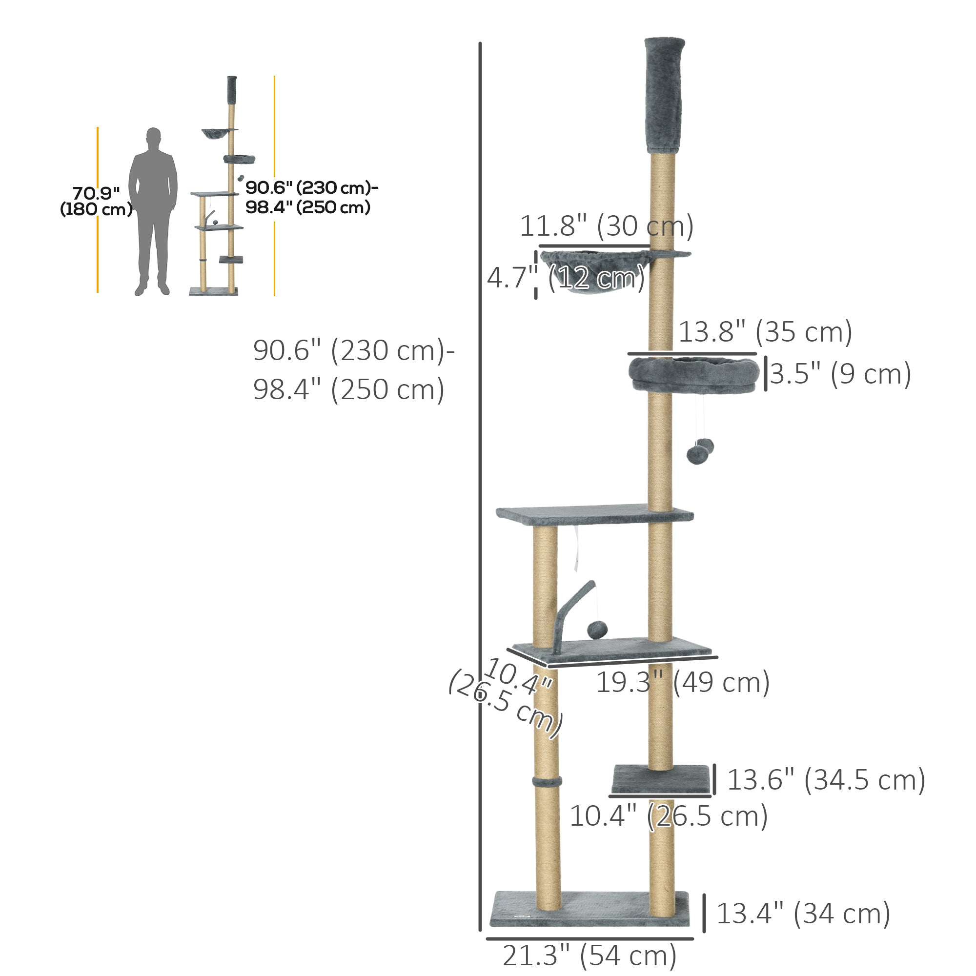 Floor to Ceiling Cat Tree, 90.5" - 98.5" Cat Tower with Scratching Post, Dangling Balls, Platforms, Bed, Hammock, Grey
