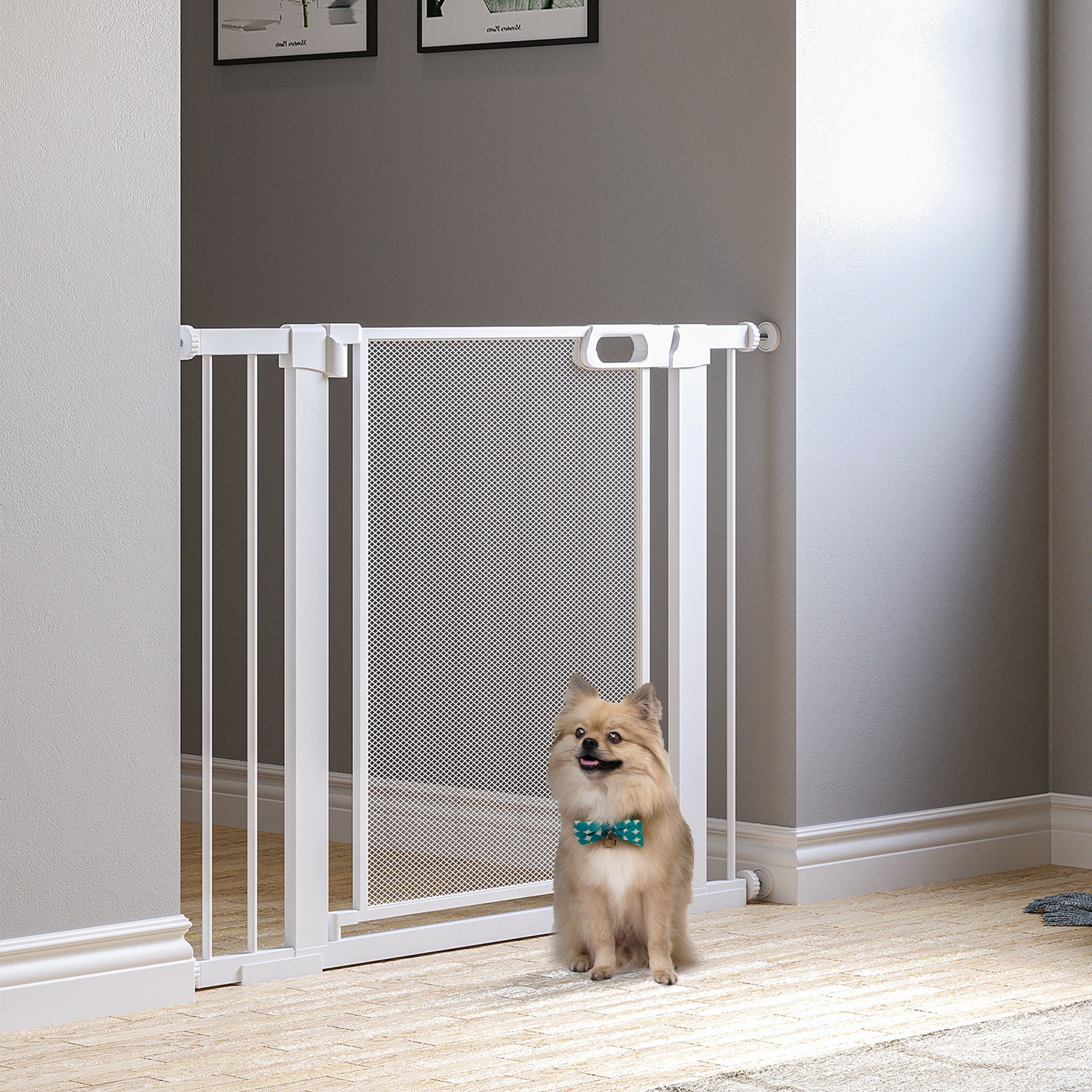 Barrière métallique pour animaux de 29.5"-40.6", barrière pour chiens avec porte à fermeture automatique, double verrouillage, pour embrasures de portes, escaliers et couloirs, blanche