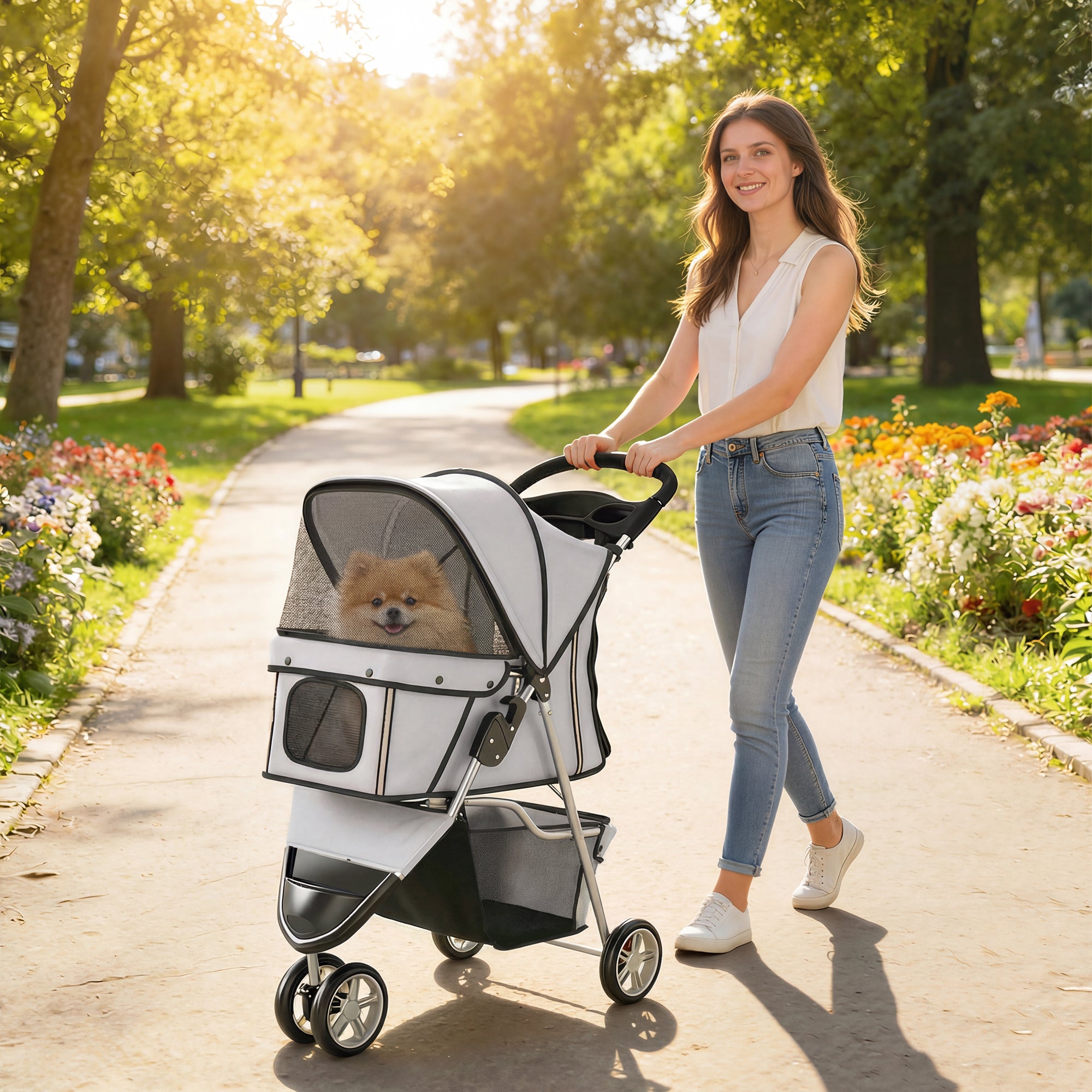 3 Wheels Foldable Dog Stroller with Storage Basket, Adjustable Canopy, Cupholder for Miniature and Small Dogs, Grey
