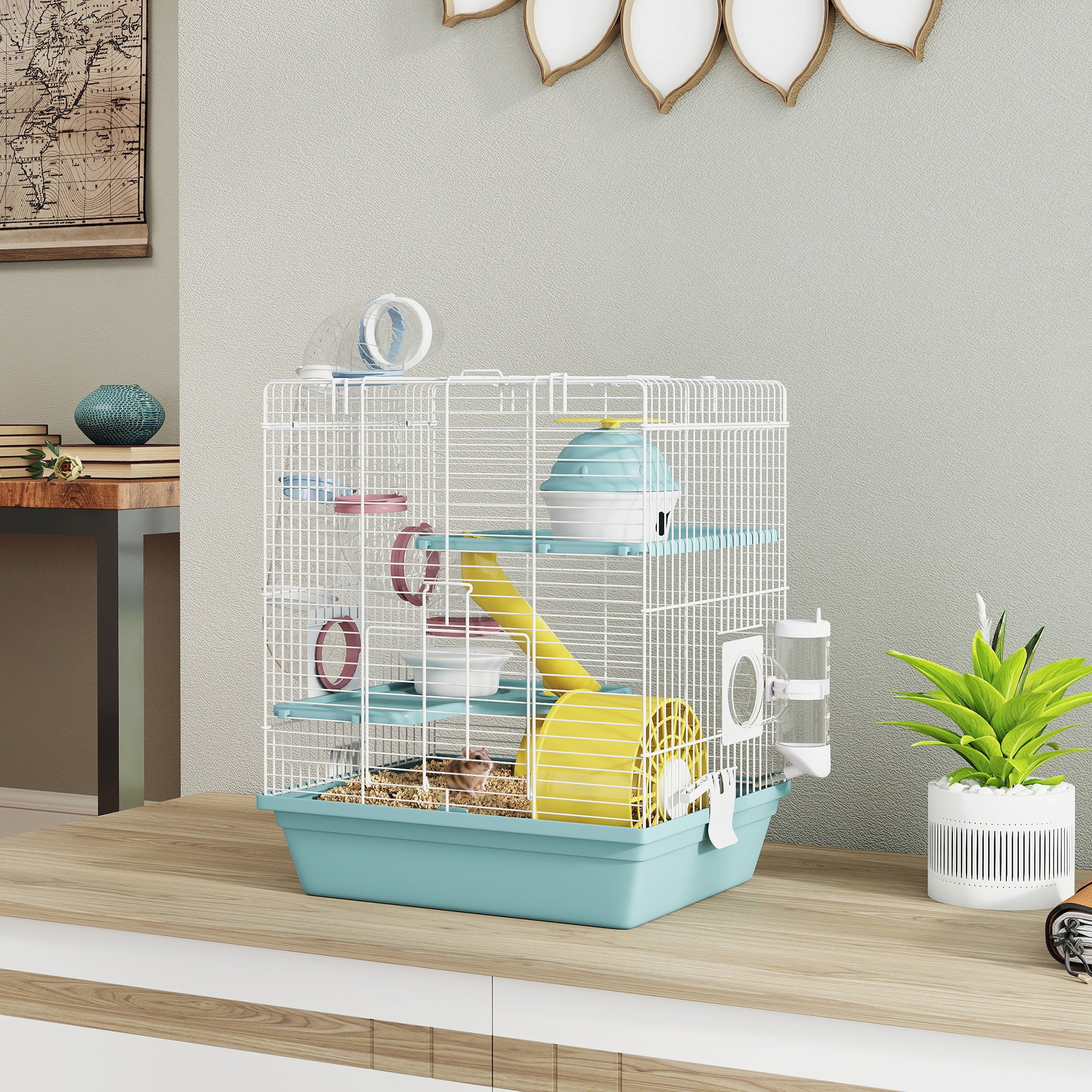 3-Level Hamster Cage with Exercise Wheel, Play Tube, Water Bottle, Food Dish, Hut, Ladder, Blue