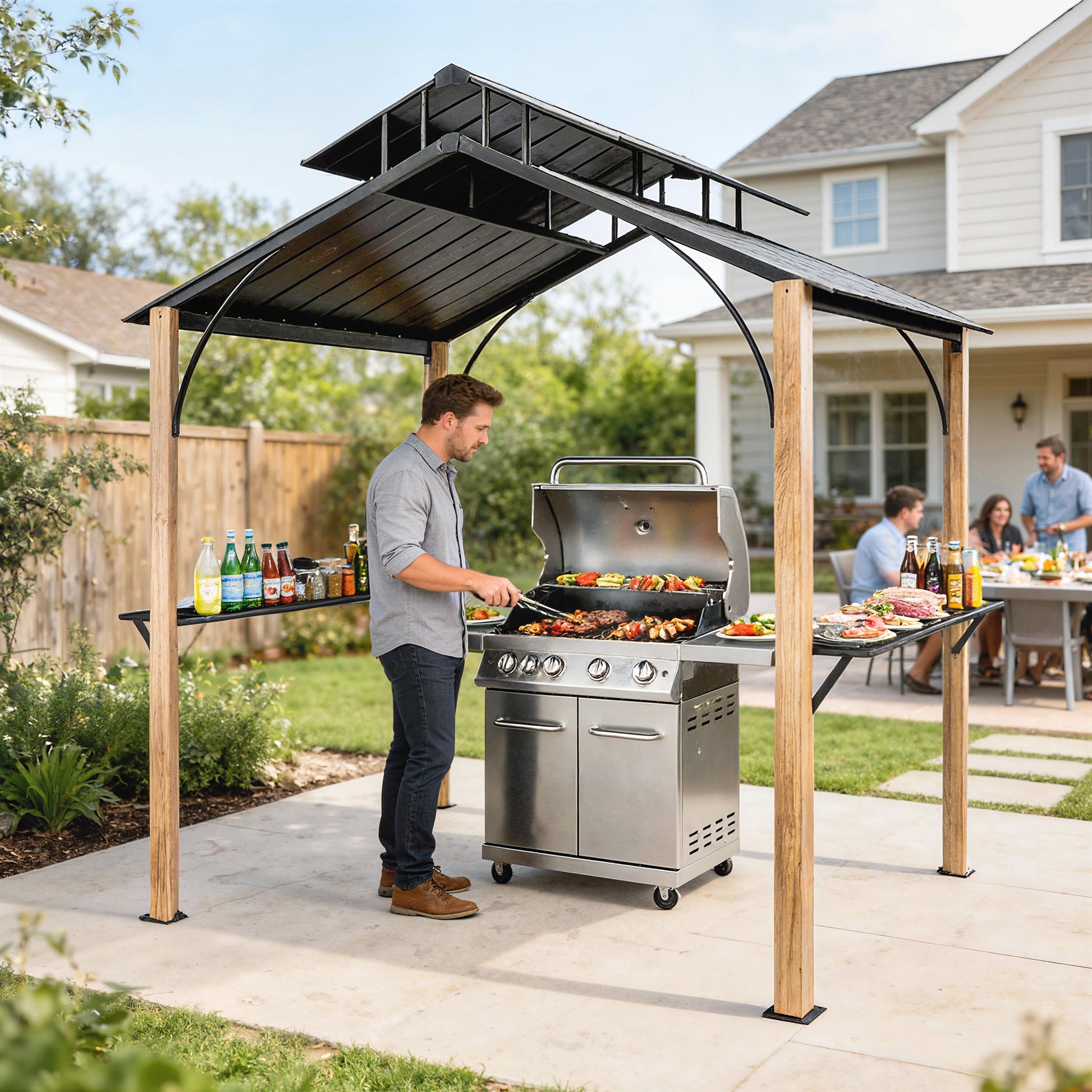 8x6ft Hardtop Grill Gazebo - Wood-Grain Aluminum-DECOROLALA