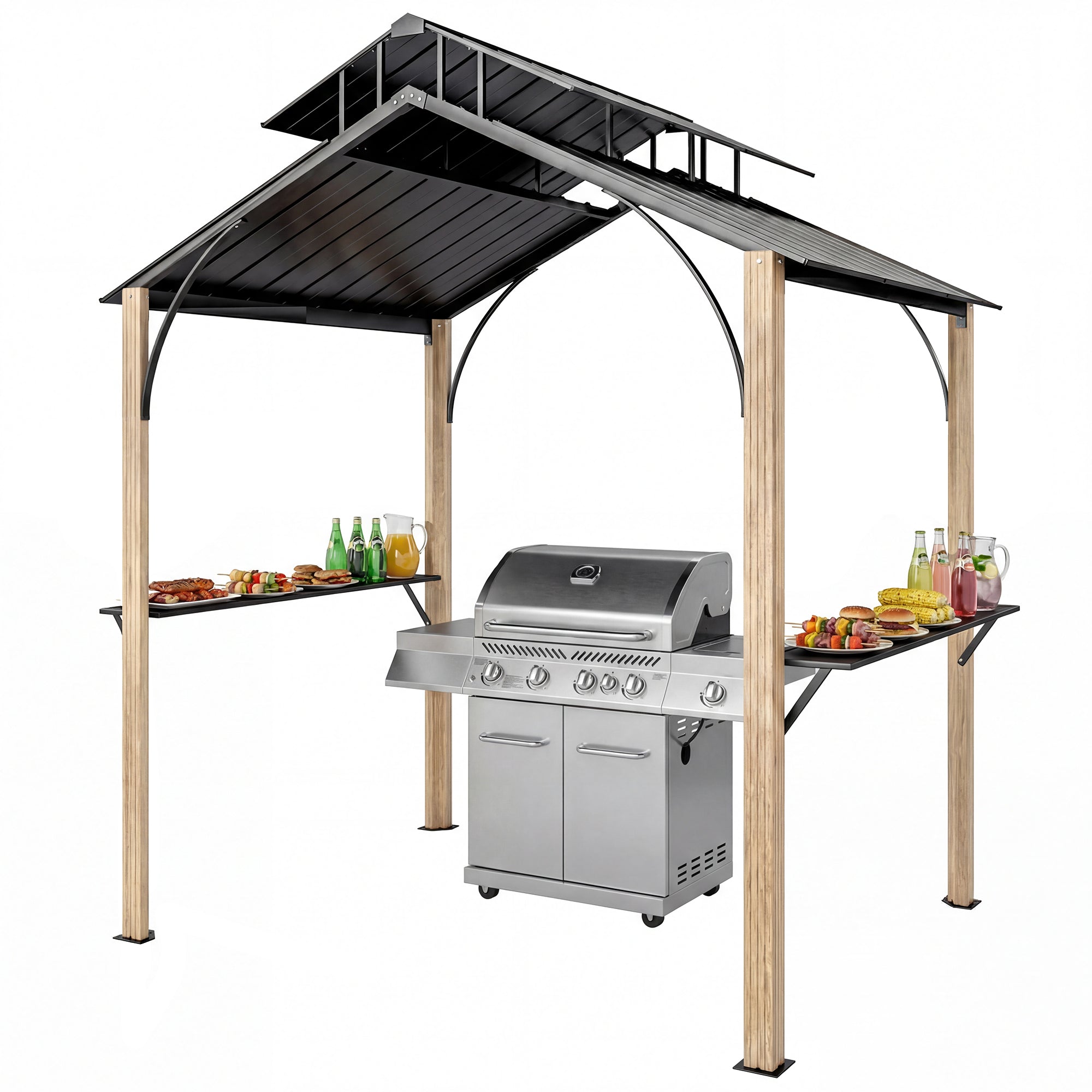 8x6ft Hardtop Grill Gazebo - Wood-Grain Aluminum-DECOROLALA
