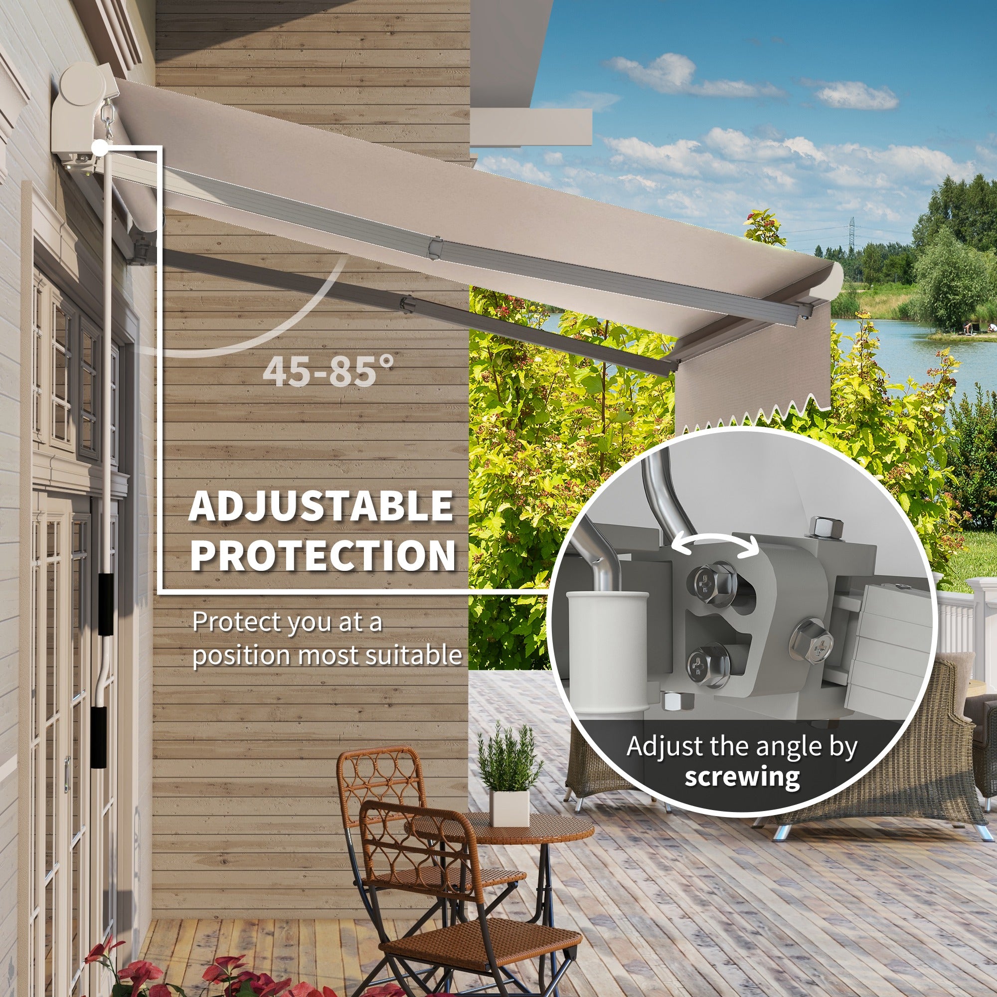 8'x7' Retractable Patio Awning - Manual Beige Canopy-DECOROLALA
