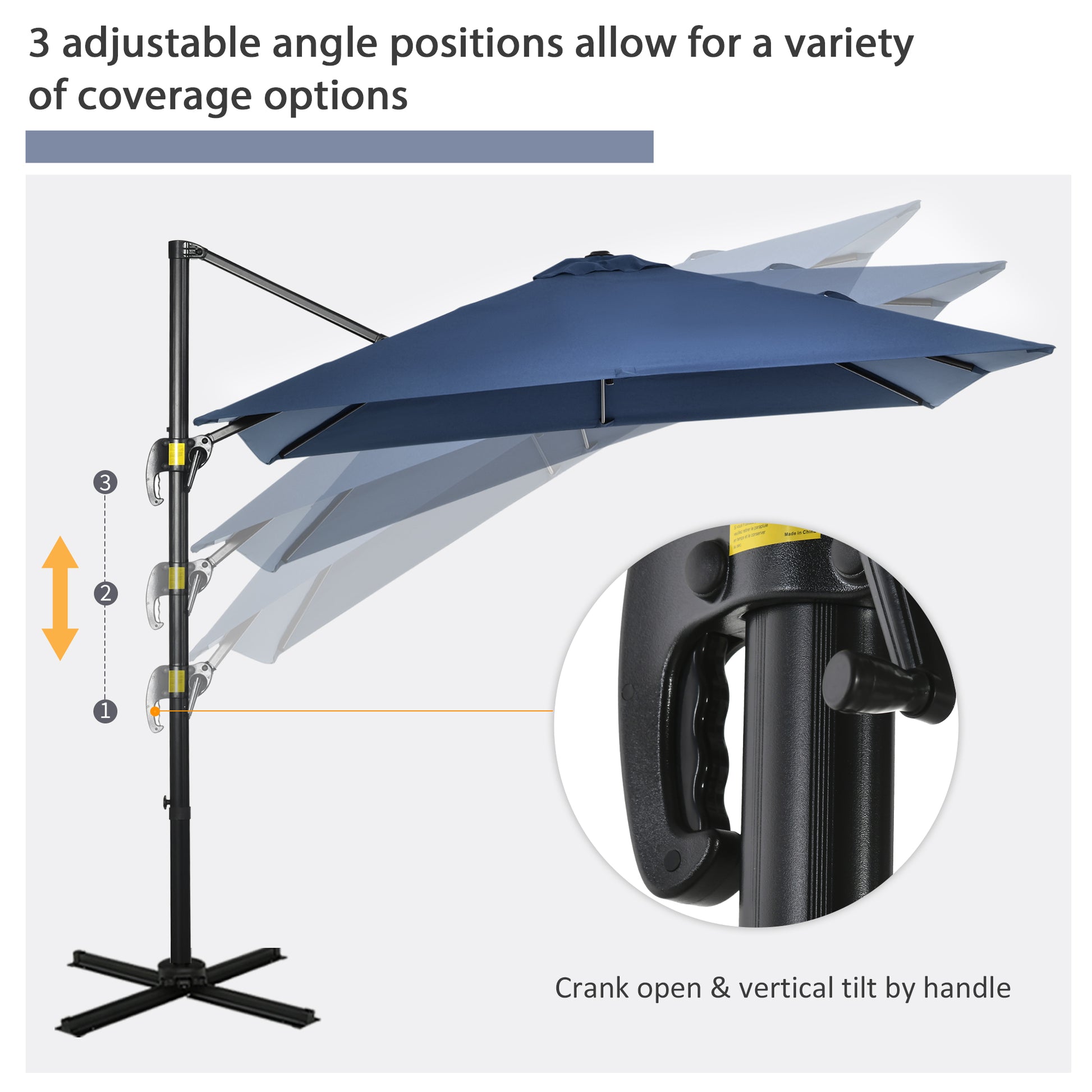 8'x8' Patio Umbrella, Aluminum Cantilever, 360¡ Rotatable, Dark Blue-DECOROLALA