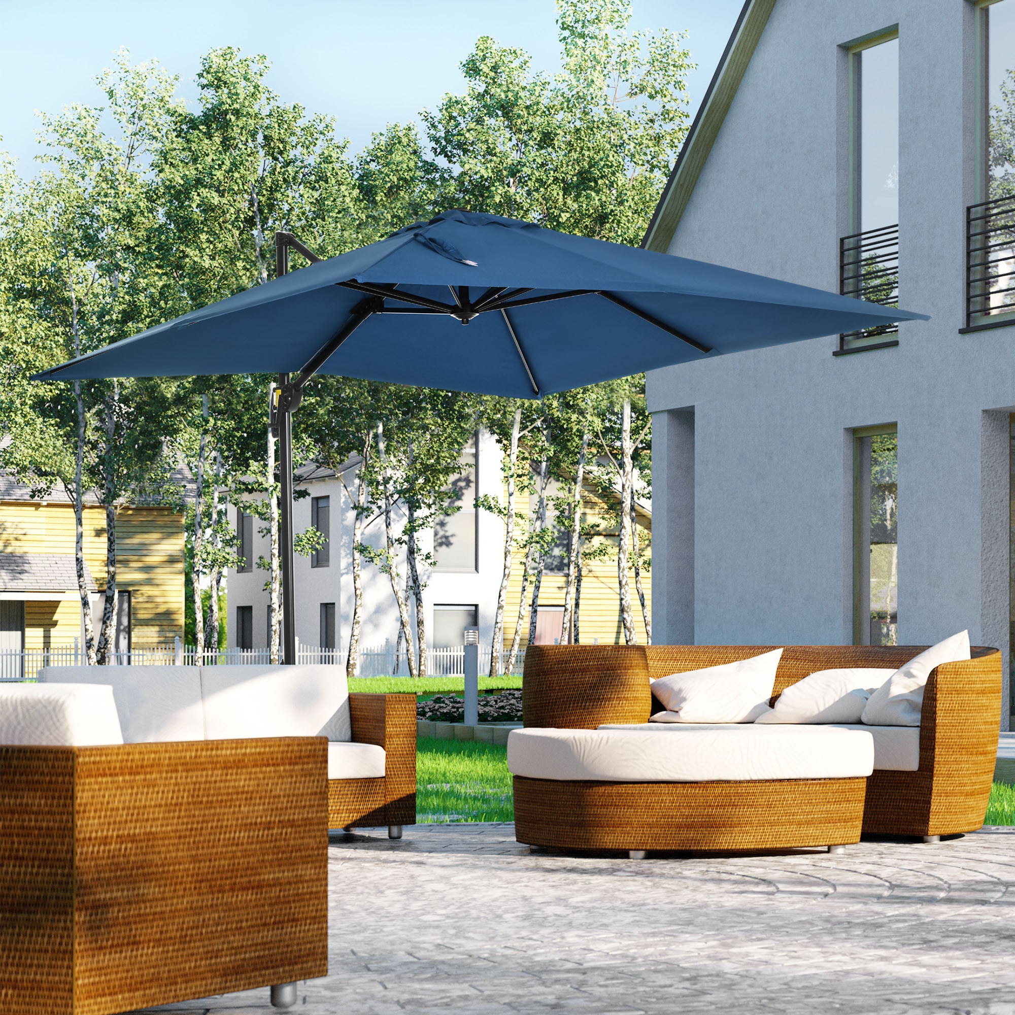 8'x8' Patio Umbrella, Aluminum Cantilever, 360¡ Rotatable, Dark Blue-DECOROLALA